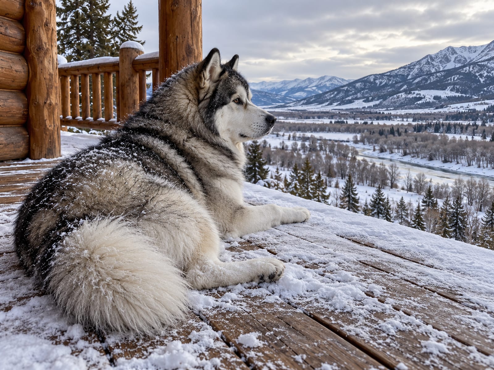 Malamute de Alaska gris y blanco, con pelaje denso y cola plumosa, echado en la terraza nevada de una casa de troncos, mirando hacia un valle