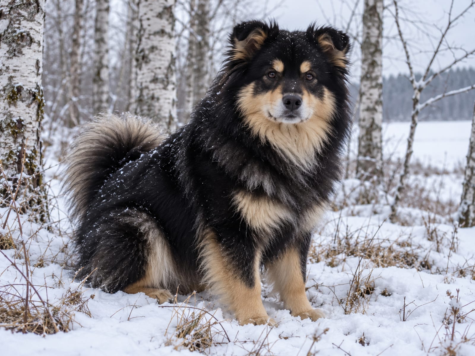 Finnish Lapphund negro y fuego, con pelaje doble y espeso y cola plumosa enroscada, sentado sobre nieve ligera al borde de un bosque de abedules