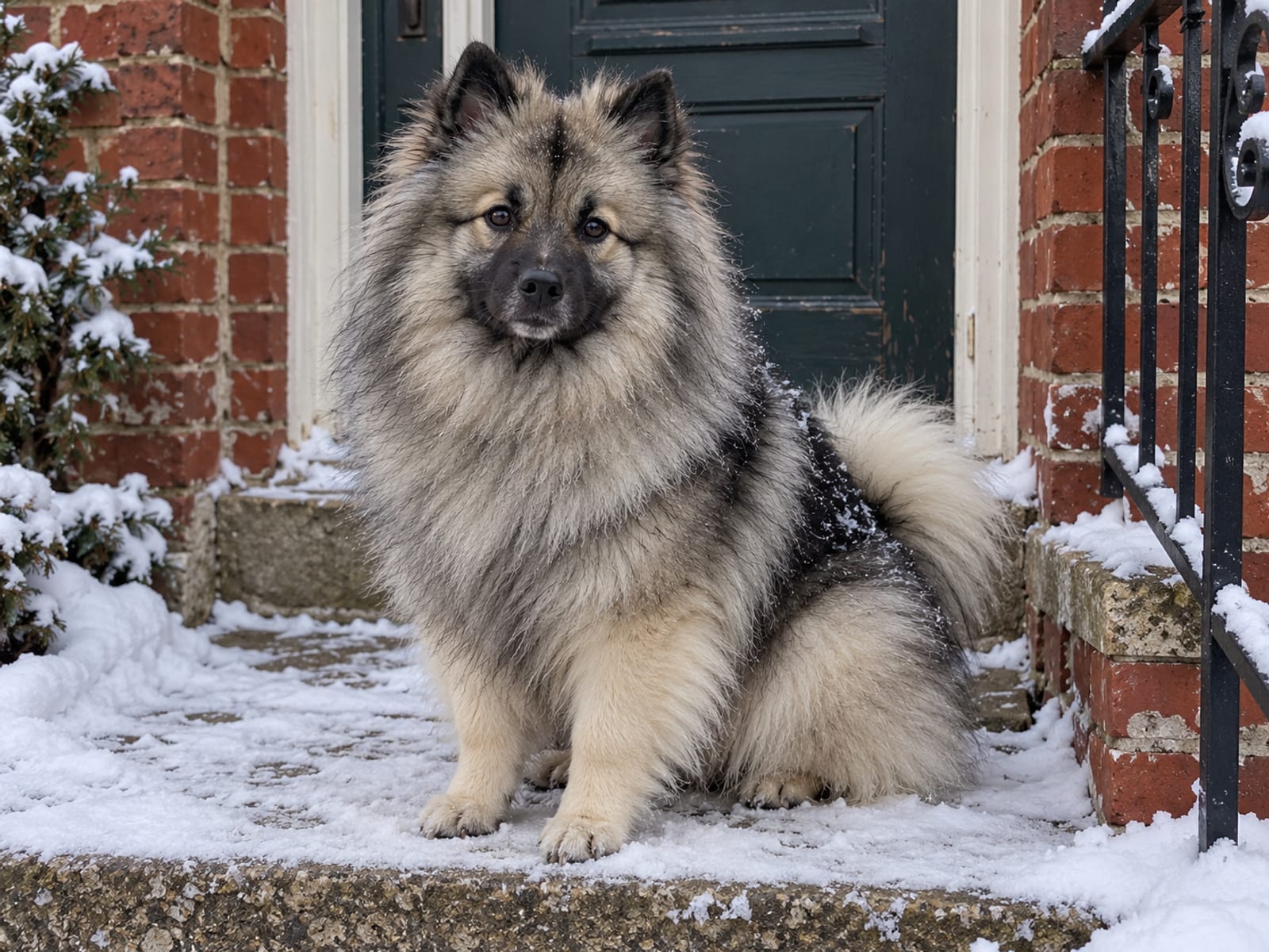 Keeshond gris, negro y crema, con collarín espeso y marcas tipo anteojos alrededor de los ojos, sentado sobre el escalón nevado de una casa de ladrillo