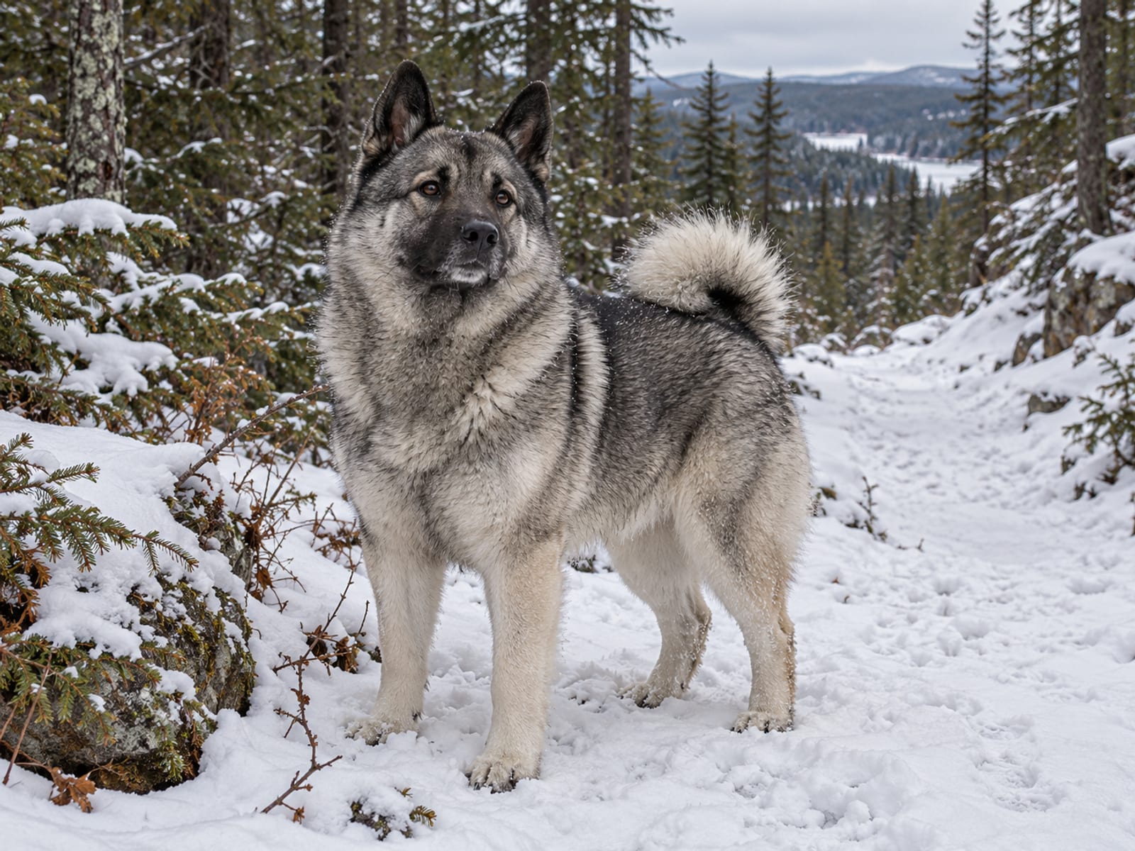 Norwegian Elkhound gris plateado con la cola muy enroscada y hocico negro, de pie y alerta sobre un sendero nevado del bosque