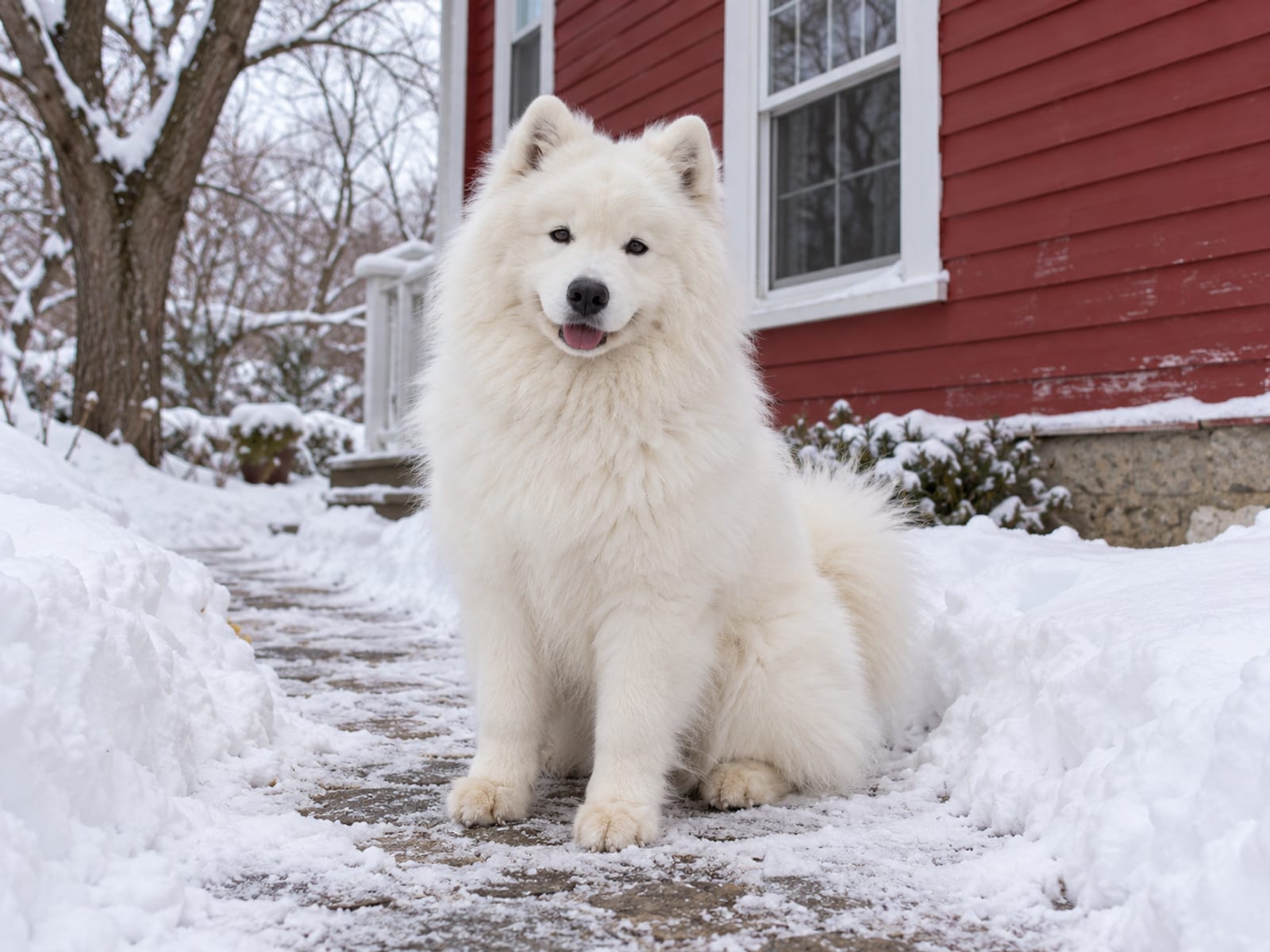Samoyedo blanco de pelaje grueso y esponjoso sentado en un sendero nevado de un patio trasero, frente a una casa de tablas horizontales de color rojo