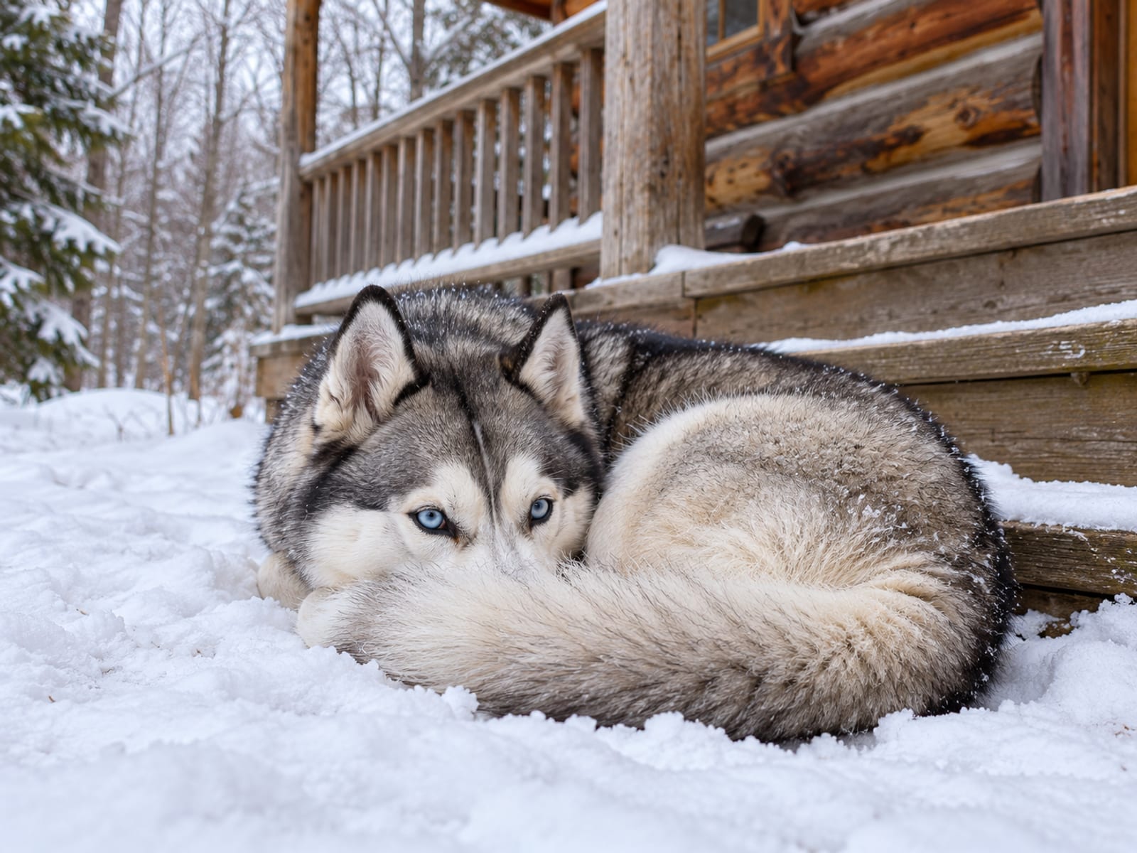Husky siberiano gris y blanco, de ojos azules, echado en la nieve junto al porche de una cabaña de madera, con la cola sobre la nariz