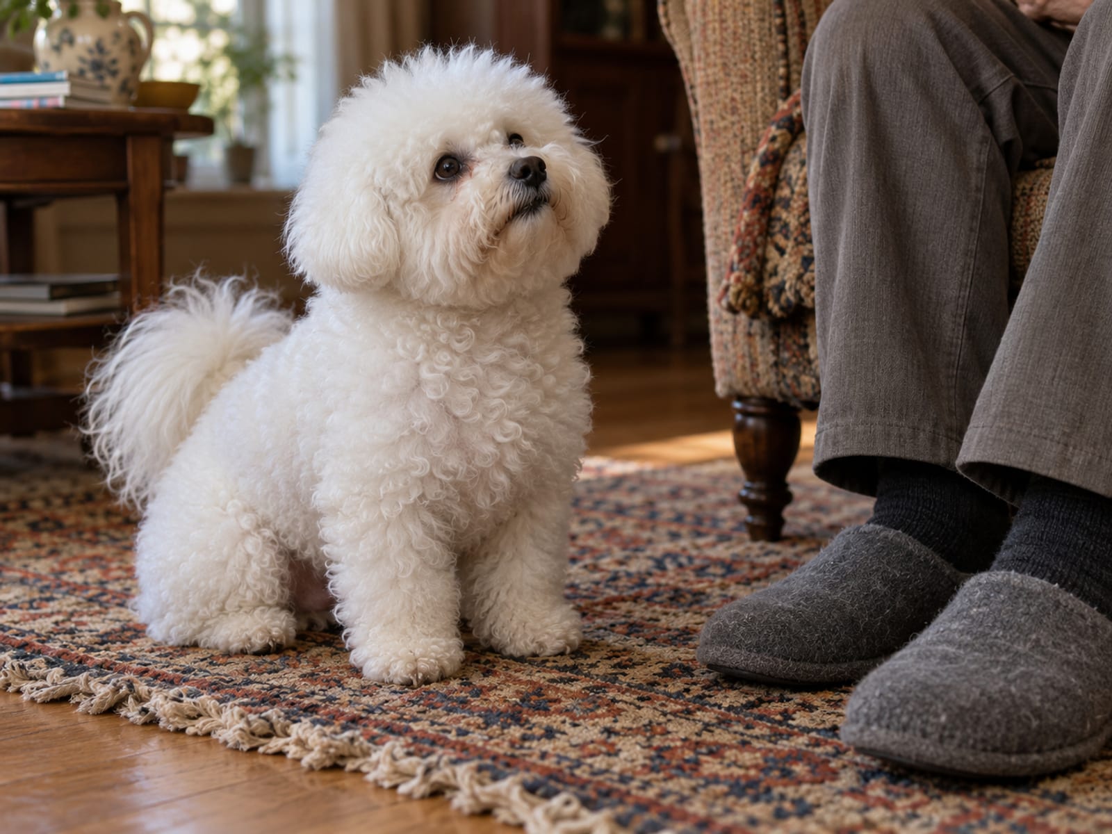Bichón Frisé blanco sentado en la alfombra de la sala junto a los pies con pantuflas de una persona mayor