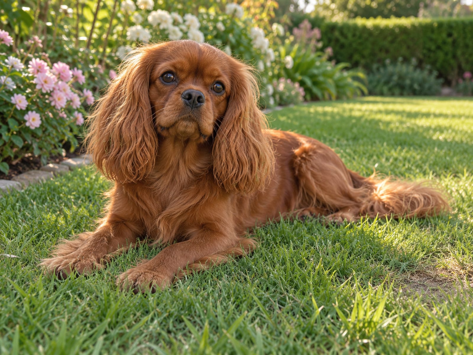 Cavalier King Charles spaniel color rubí, con orejas de pelo sedoso y con plumero, echado en el césped de un jardín junto a un macizo de flores