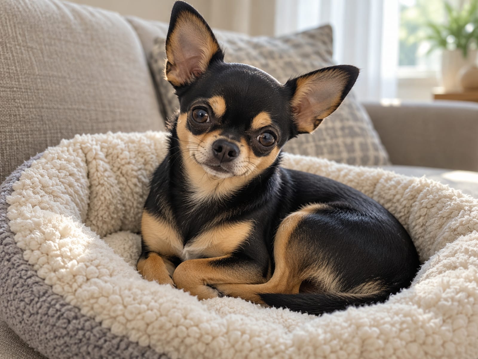 Chihuahua de pelo corto negro y fuego, enroscado en una cama pequeña y redonda de felpa sobre un sofá, con las orejas erguidas