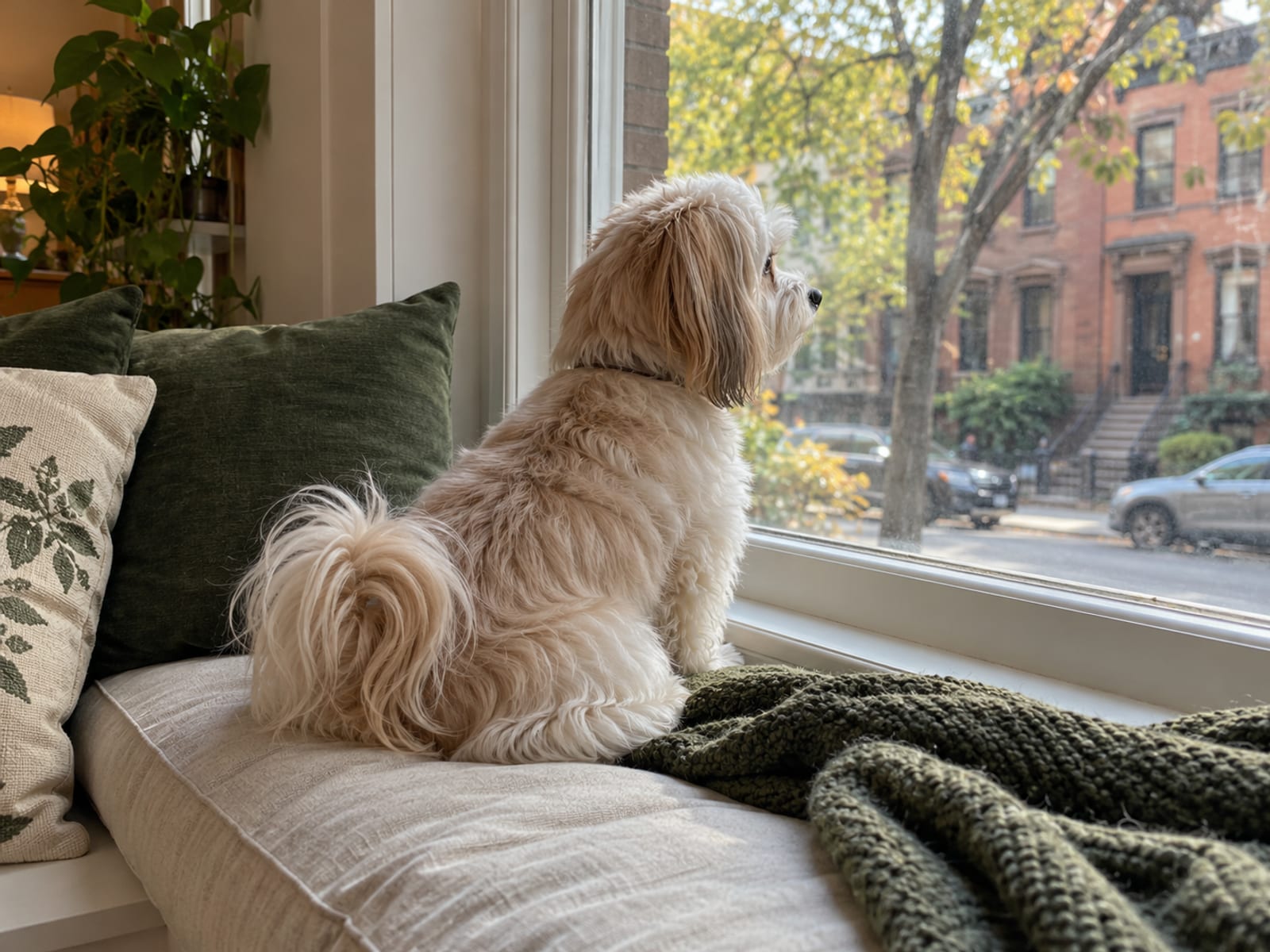 Havanese sentado en el asiento de una ventana iluminada por el sol en un apartamento, mirando una calle de la ciudad, con una manta suave a su lado