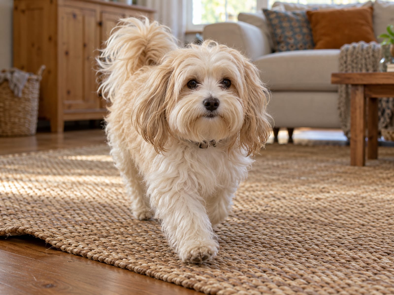 Havanese crema y blanco de pelaje largo y sedoso que trota sobre una alfombra de la sala hacia la cámara, con las orejas al aire