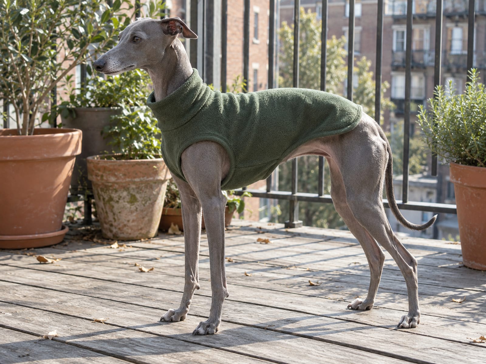 Galgo italiano azul y esbelto, con un abrigo de felpa liso y ajustado, de pie en un balcón soleado de apartamento con plantas