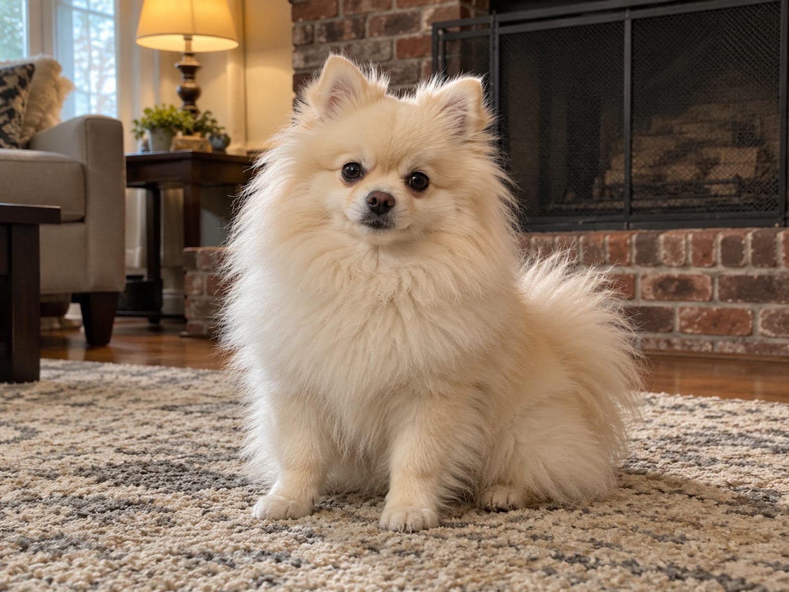 Pomeranian color crema con pelaje doble y esponjoso, sentado sobre una alfombra suave frente a una pantalla de chimenea sin fuego