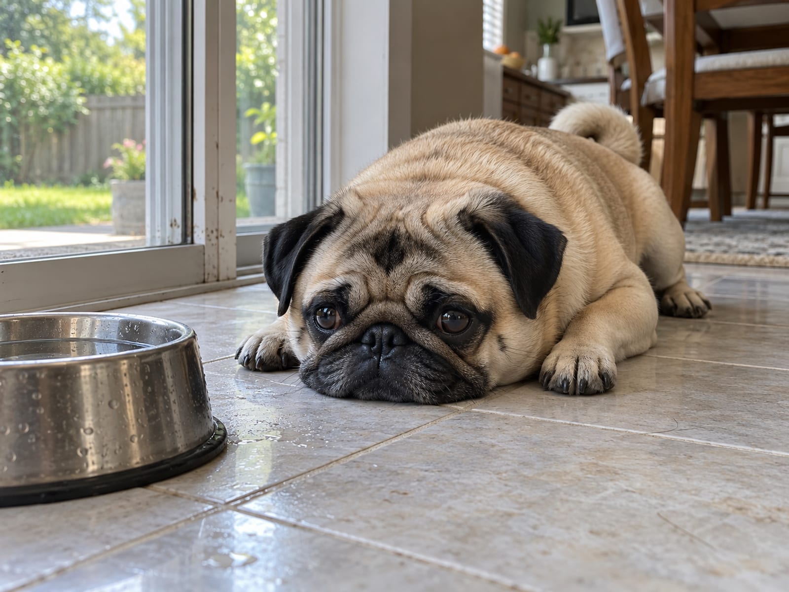 Pug color leonado con máscara negra y cola enroscada, descansando sobre el piso fresco cerca de una puerta abierta al patio, con un bebedero de agua cerca