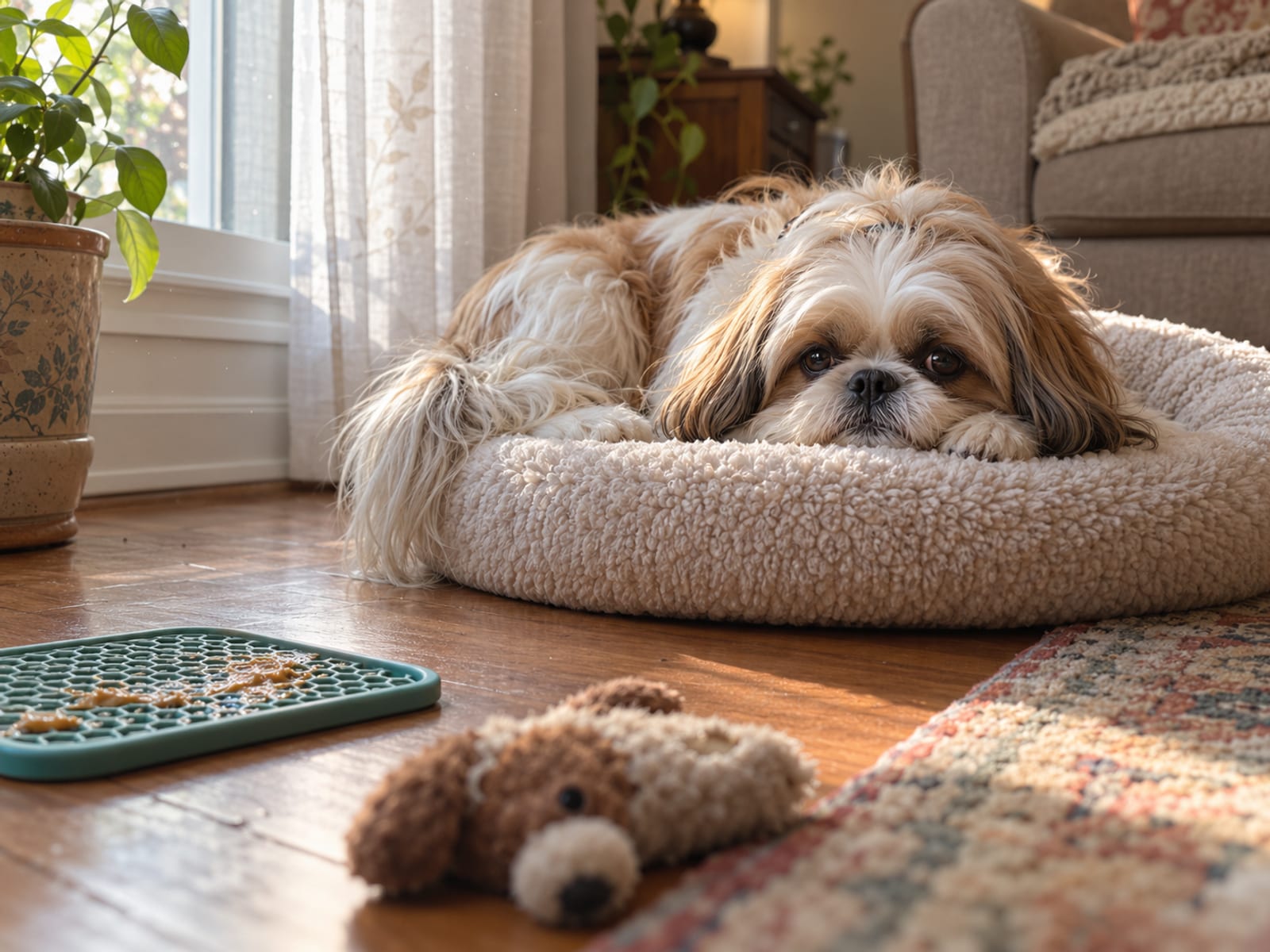 Shih Tzu acostado en una cama para perros junto a una ventana frontal, con una alfombrilla de lamido y un juguete de peluche a su lado, en un cuarto tranquilo