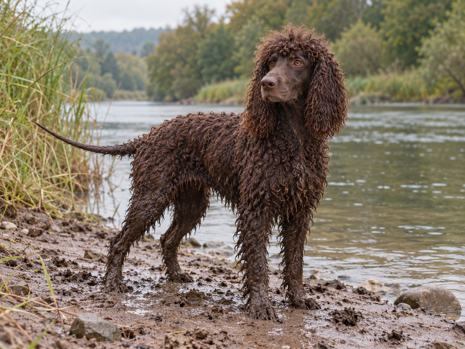 Perro de agua irlandés color marrón hígado con rizos apretados y firmes y un copete rizado, de pie en la orilla fangosa de un río, con el pelaje mojado