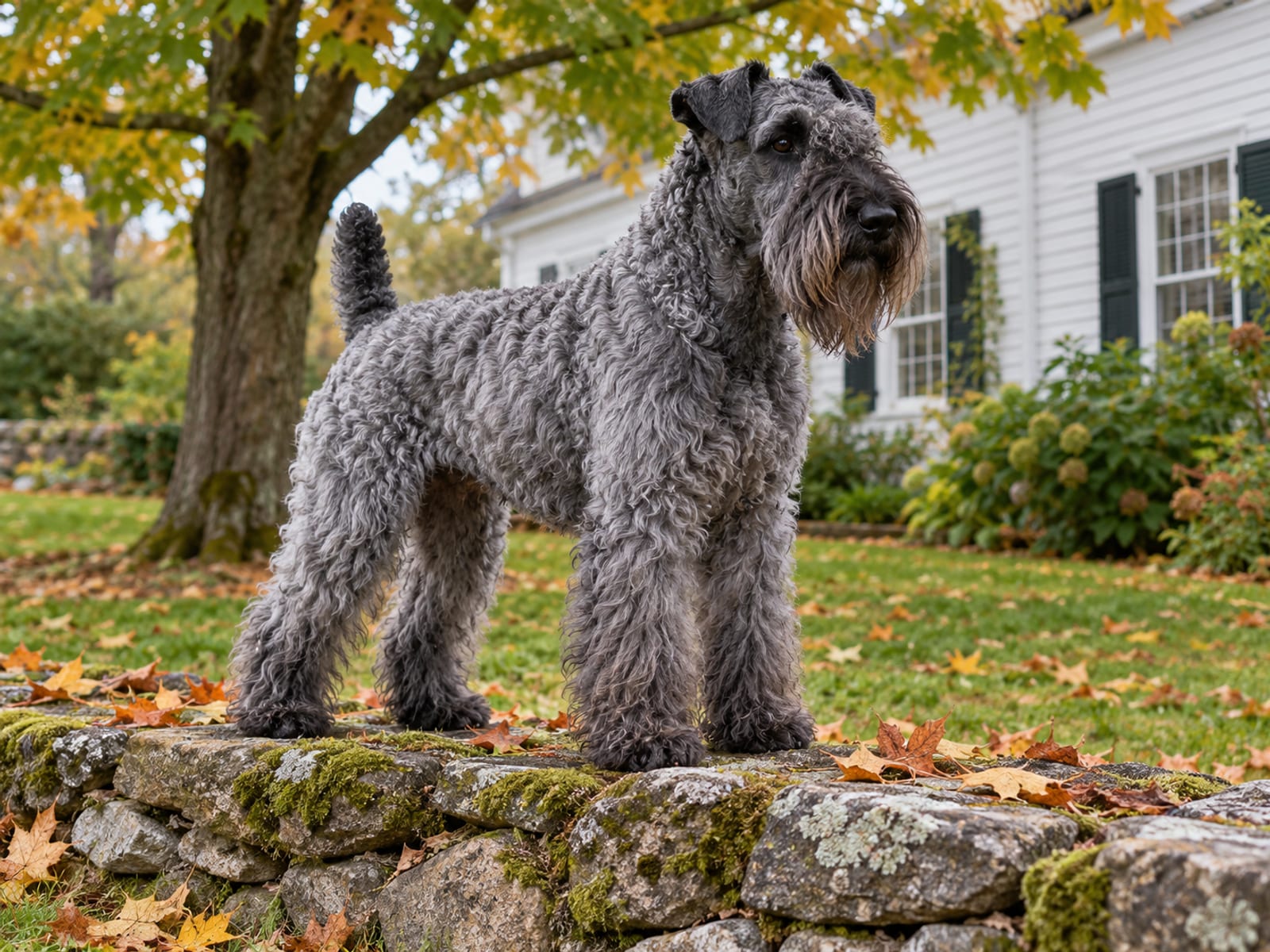 Kerry Blue terrier de color gris azulado, con pelaje suave y ondulado y barba larga arreglada, de pie sobre un muro de piedra en un jardín de Nueva Inglaterra