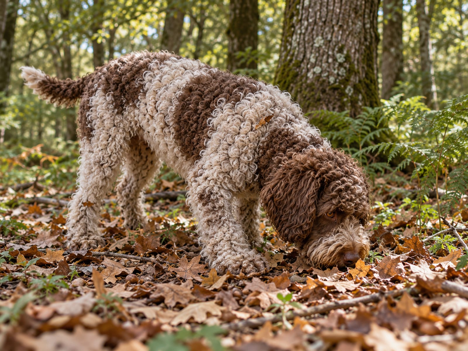 Lagotto Romagnolo marrón ruano con pelaje denso y rizado, olfateando el suelo con hojas de un bosque de robles, con el hocico bajo