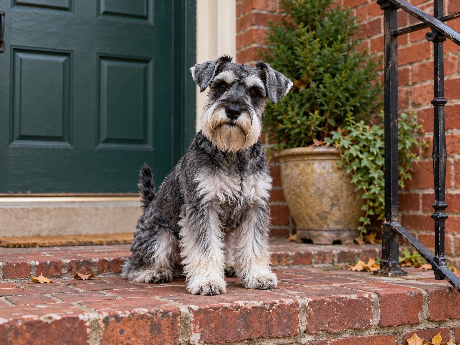 Schnauzer miniatura color sal y pimienta, con barba y cejas recortadas, sentado en el escalón de ladrillo de la entrada de una casa adosada del Medio Oeste