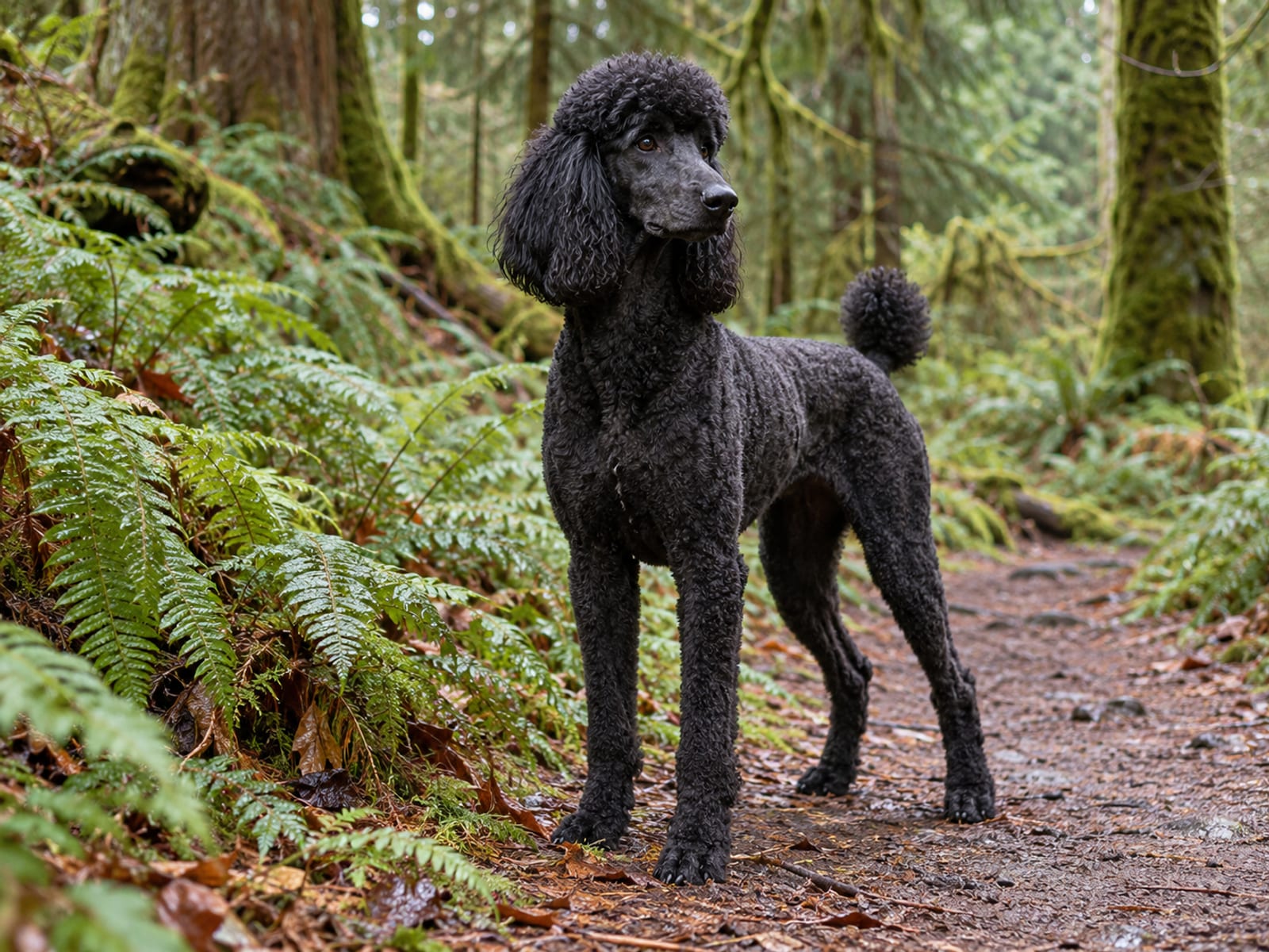 Caniche estándar negro con corte deportivo corto, de pie y alerta en el borde de un sendero de bosque entre helechos