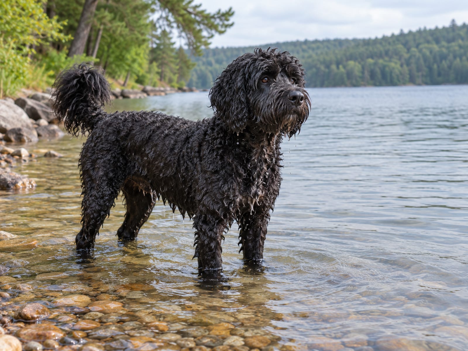 Perro de agua portugués negro de pelo rizado, con corte de retriever, de pie con el pelaje mojado en la orilla poco profunda de un lago de agua dulce en calma