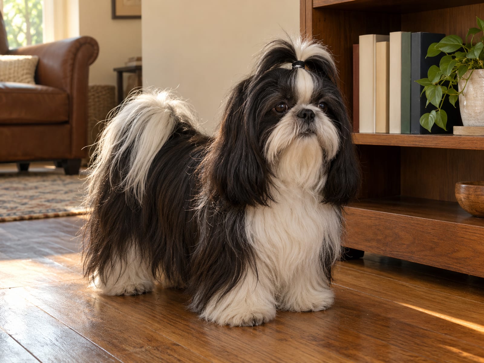 Shih Tzu negro y blanco con pelaje largo y fluido y un copete, sentado con calma sobre un piso de madera dura junto a una librería baja