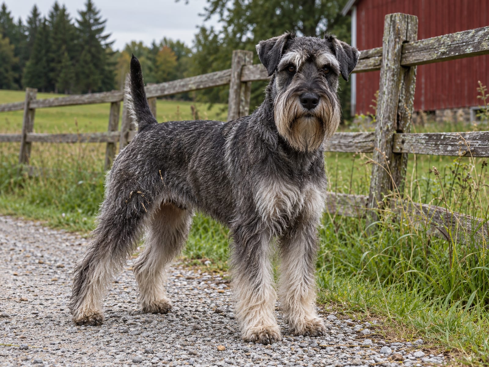 Schnauzer estándar sal y pimienta con pelaje duro, cejas tupidas y barba, de pie y alerta sobre un camino de granja junto a una cerca de madera