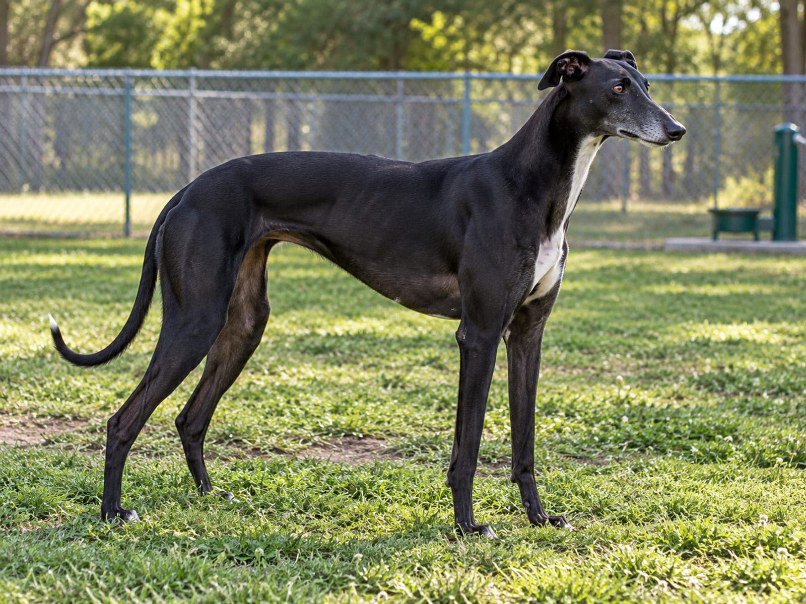 Galgo inglés negro con pecho blanco de pie sobre el césped de un parque para perros cercado