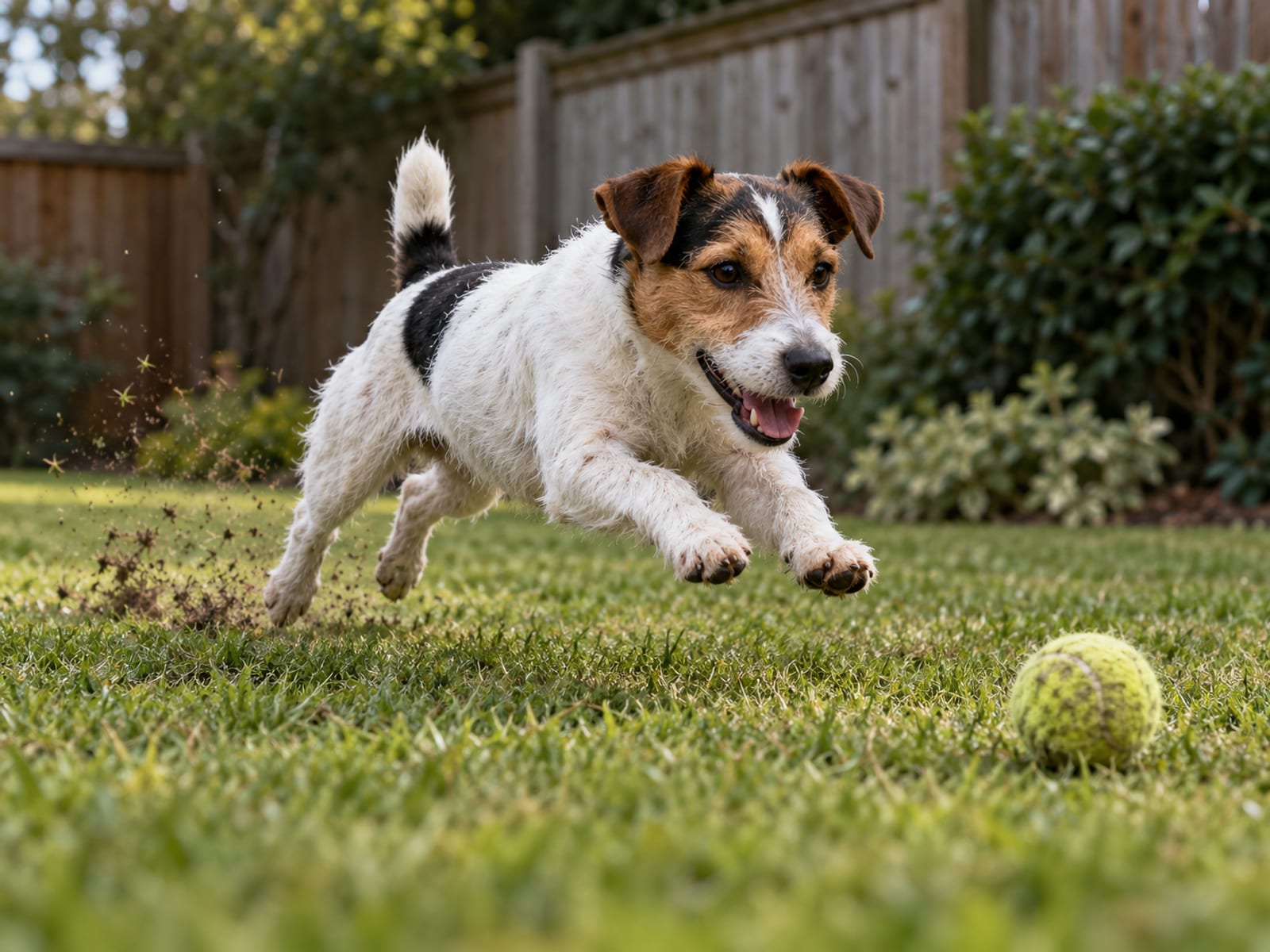 Jack Russell terrier tricolor de pelo cerdoso que corre por el césped de un patio trasero tras una pelota, en pleno salto