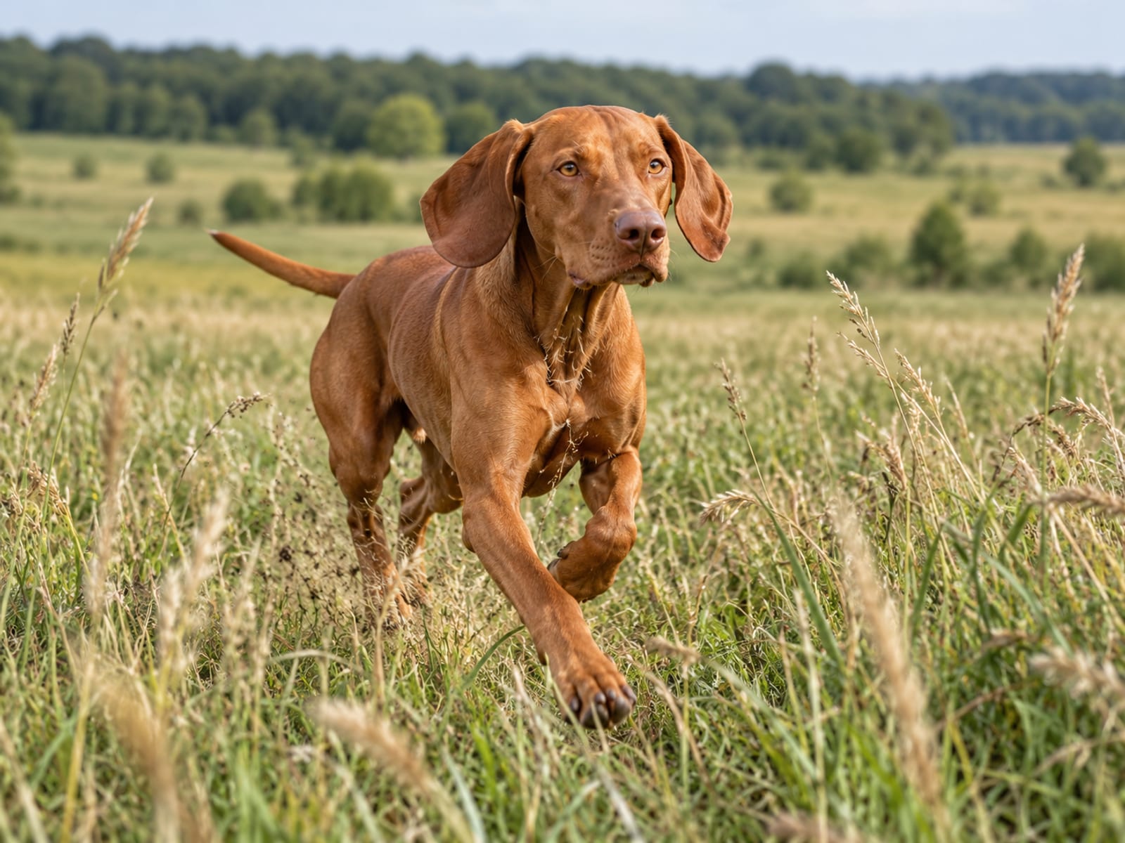 Braco húngaro (vizsla) color dorado rojizo que corre entre hierba alta en un campo abierto, con su pelaje corto brillante