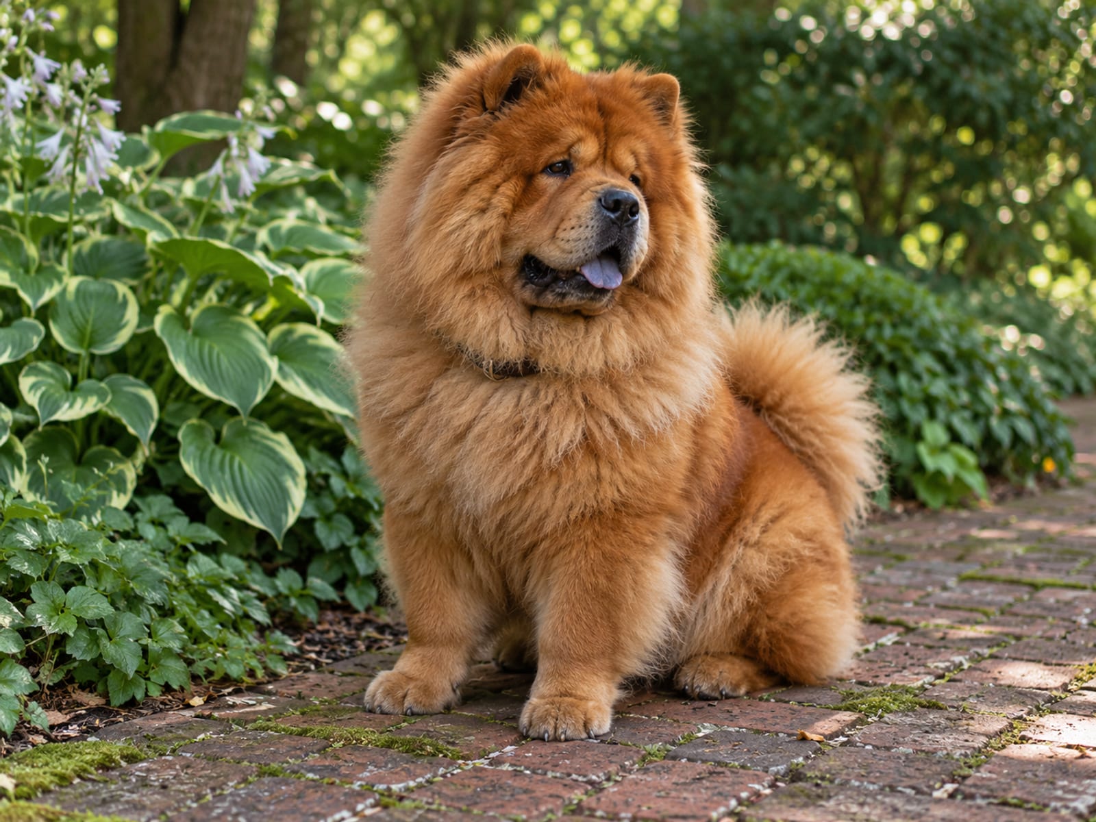 Chow Chow rojo de pelo áspero, con melena de león y cola enroscada, sentado con calma en un jardín a la sombra