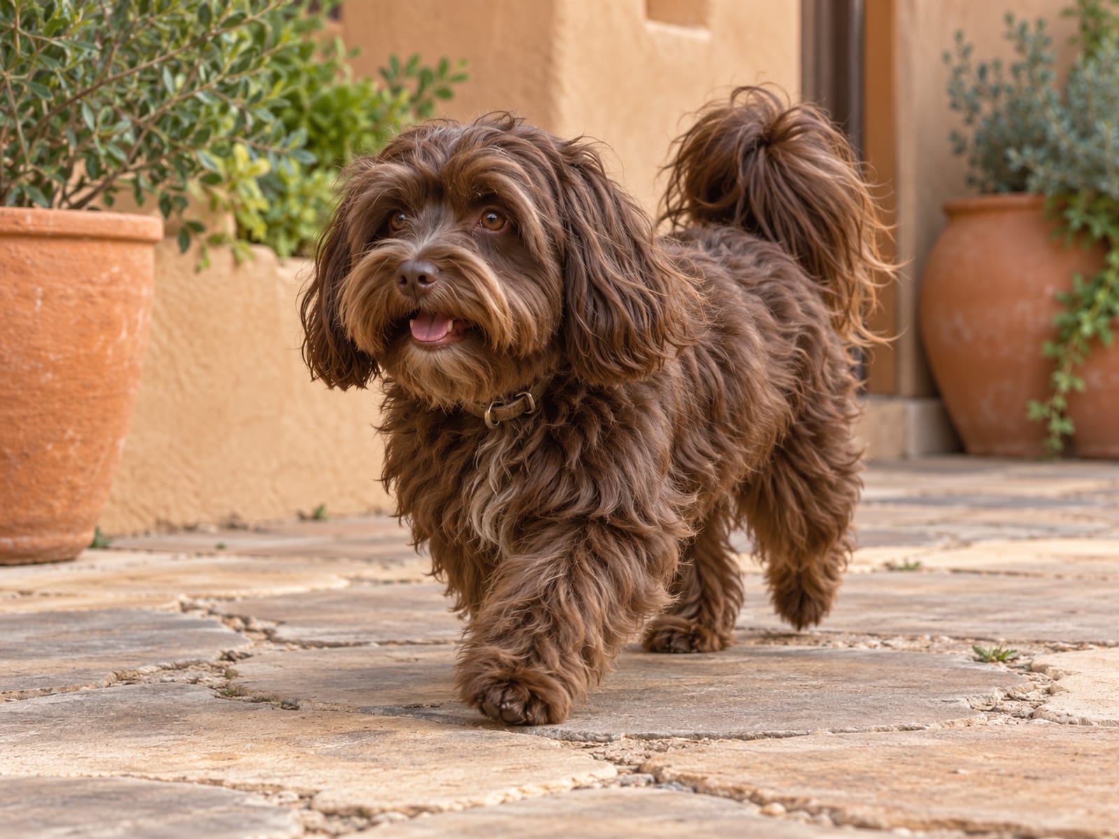 Havanese chocolate de pelo largo y ondulado que trota por un patio, con el pelaje rebotando al moverse