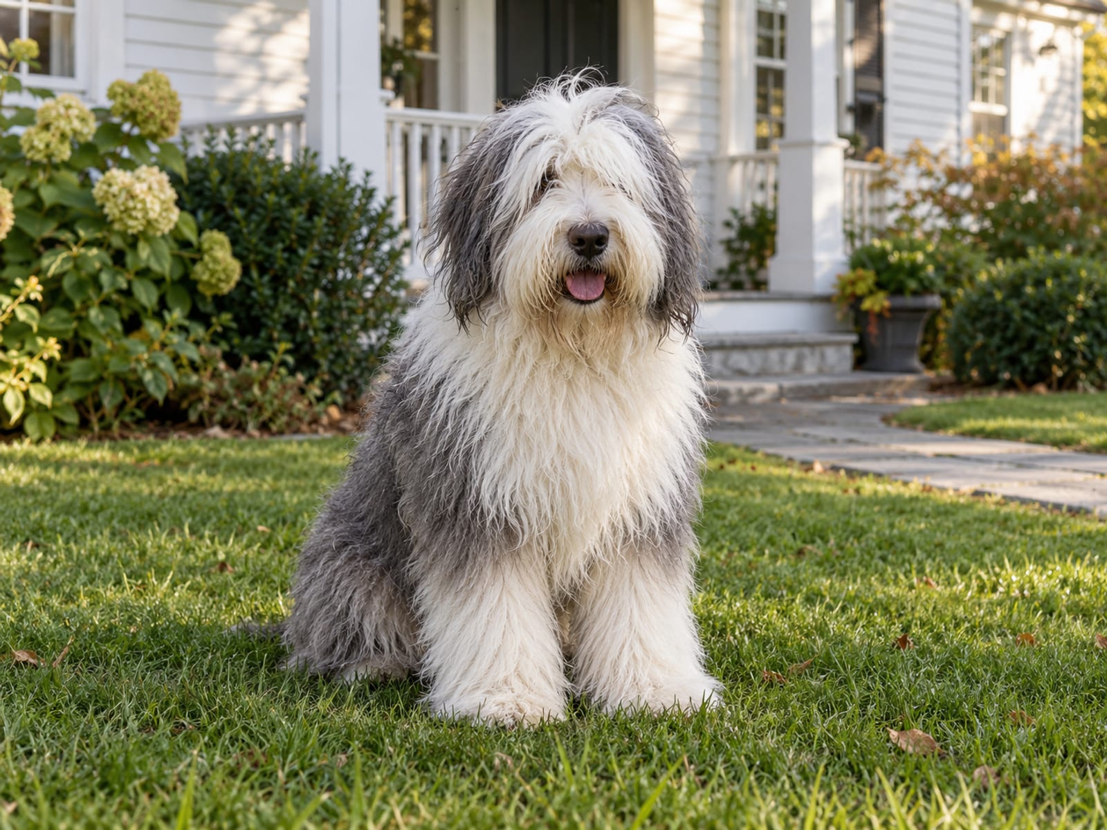 Old English Sheepdog gris y blanco de pelo largo y enmarañado, con mechones sobre los ojos, sentado en un jardín delantero