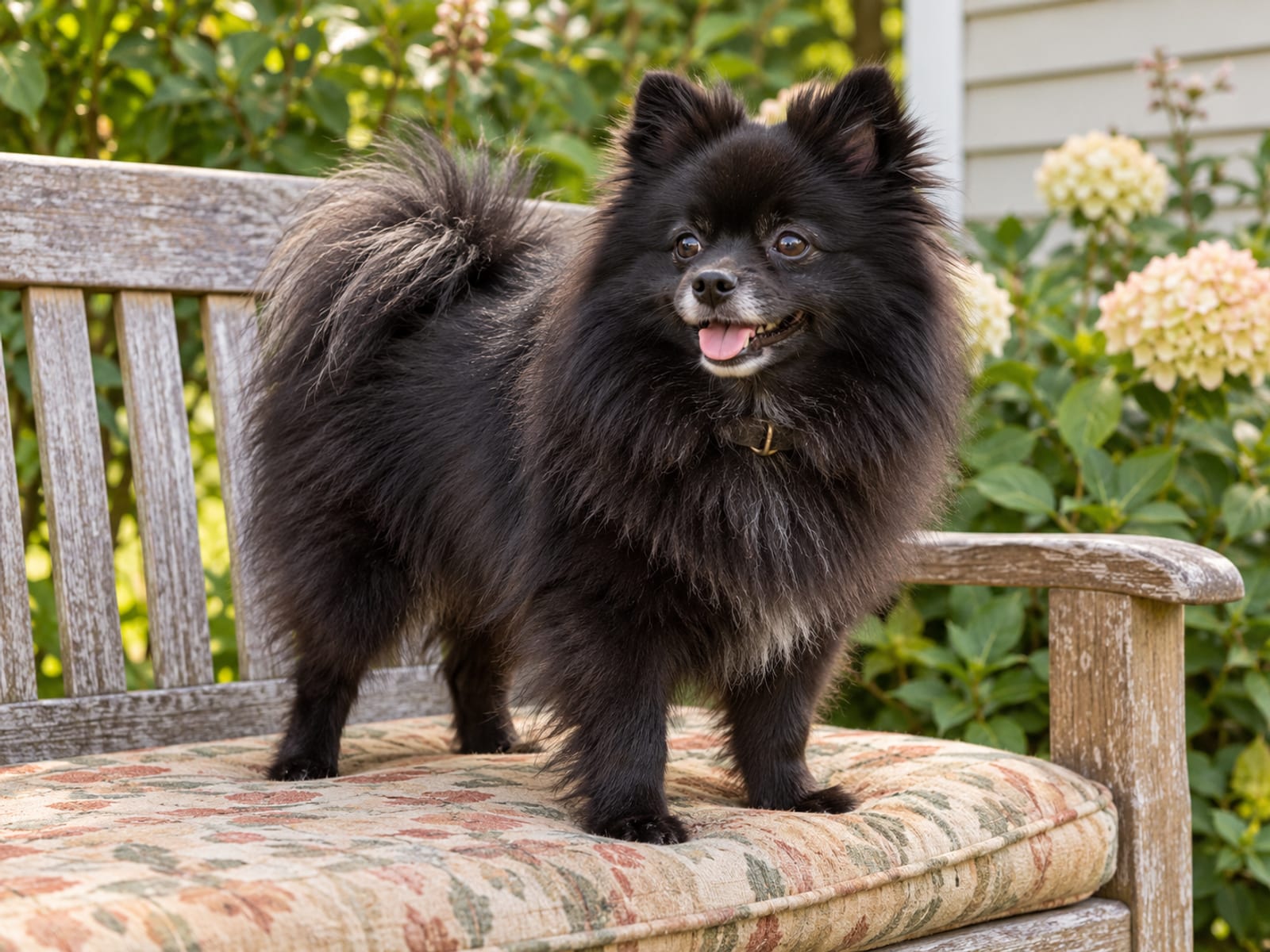 Pomeranian negro con pelaje doble y abundante, de pie sobre el cojín de un banco de jardín con la cola sobre el lomo