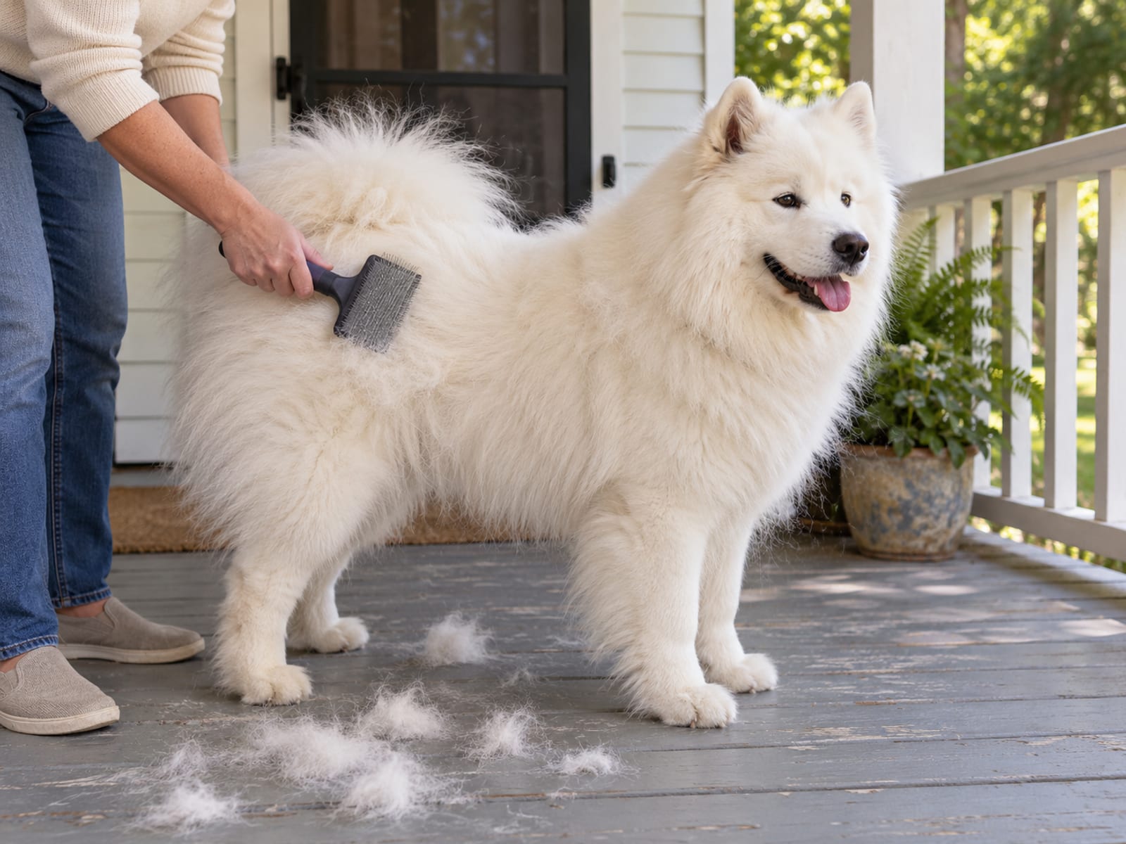 Samoyedo blanco al que se cepilla con un cepillo de púas en una terraza trasera, con mechones de subpelo sobre las tablas