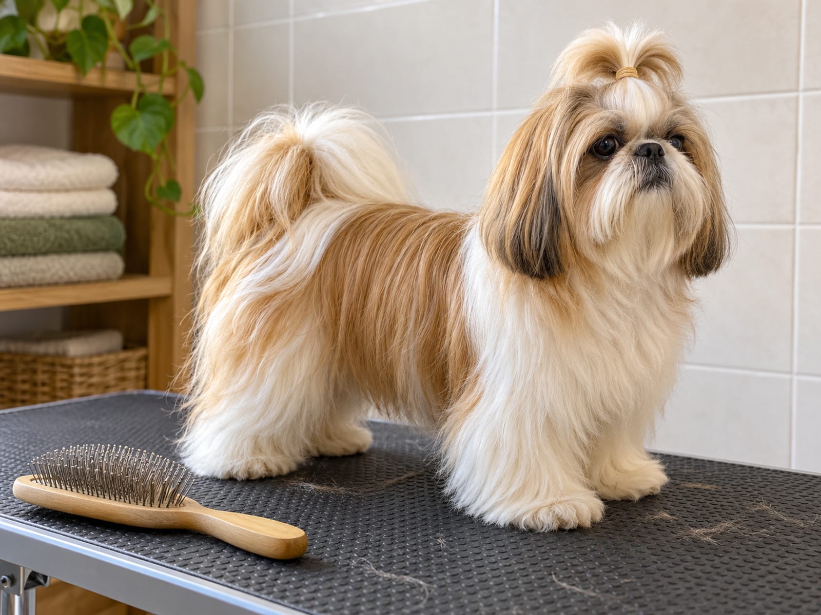 Shih Tzu dorado y blanco de pelo largo y cepillado con copete, de pie sobre una mesa de aseo junto a un cepillo de púas