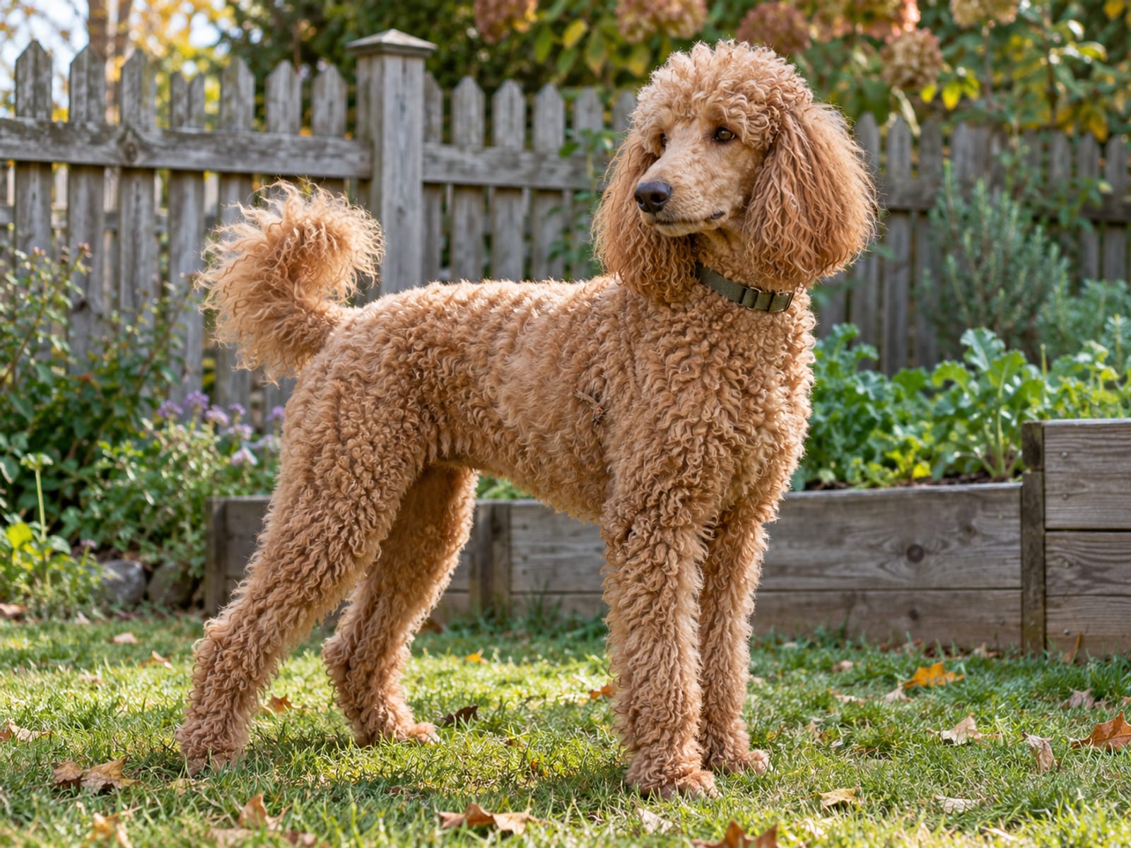 Caniche estándar color albaricoque con pelaje rizado natural sin recortar, de pie junto a una cerca de jardín