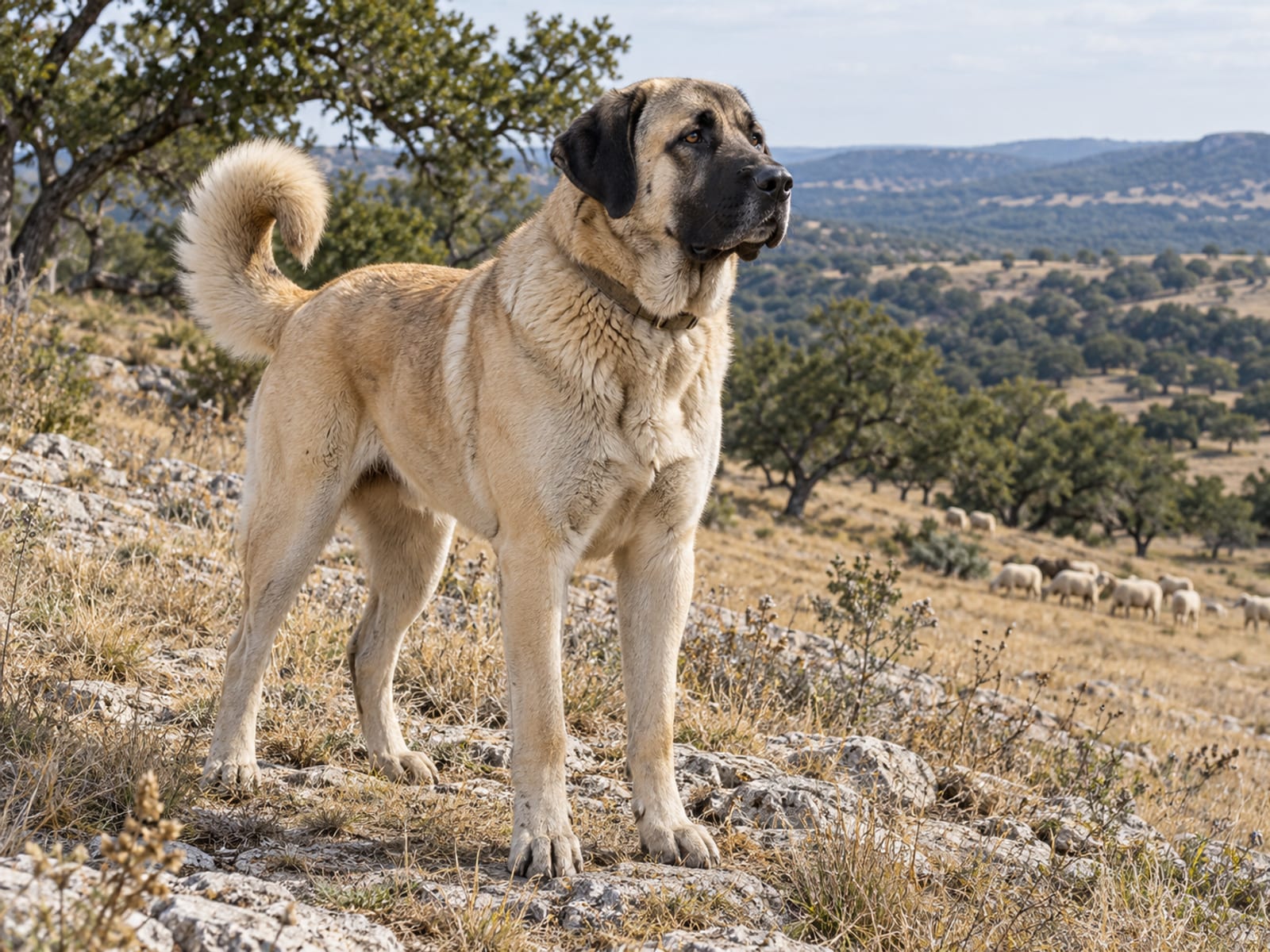 Anatolian Shepherd color cervato con máscara negra, de pie en una ladera seca de rancho con algunas ovejas a lo lejos