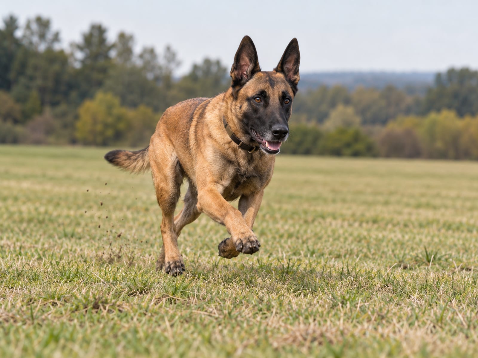Pastor belga malinois color cervato con máscara negra y orejas erguidas, corriendo con gran concentración por un campo de pasto abierto