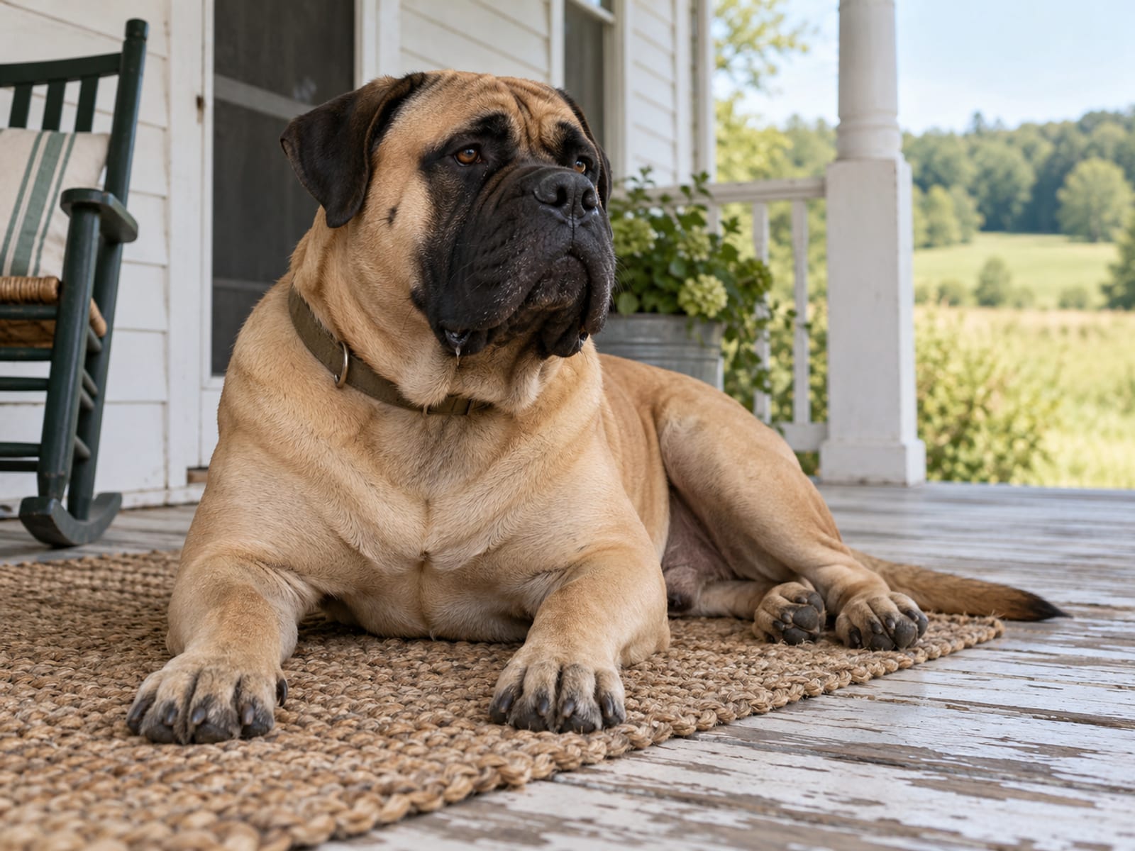 Bullmastiff color cervato con máscara negra y cabeza ancha, echado con calma sobre el tapete de la entrada de una casa de campo
