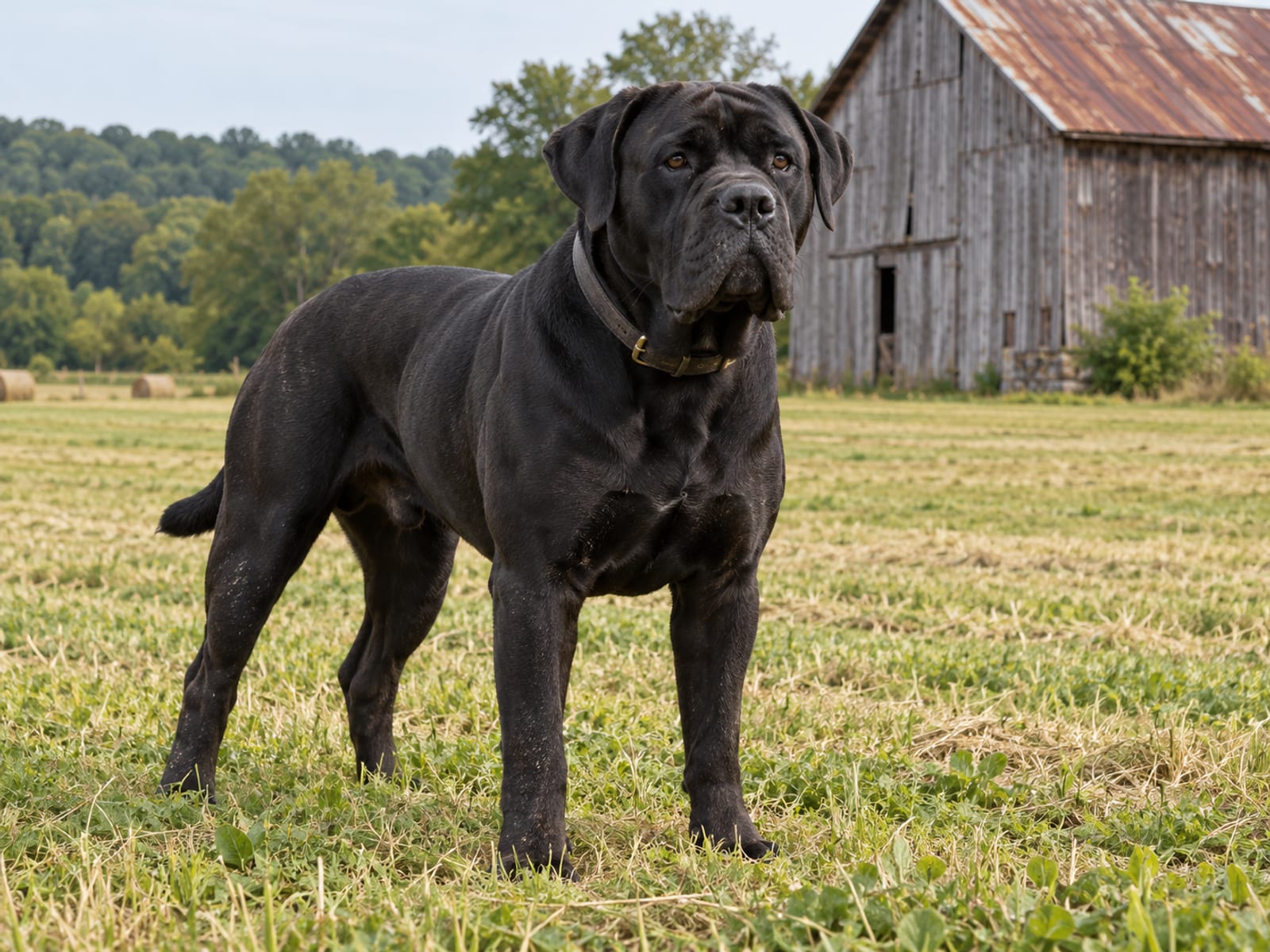 Cane Corso negro con pelaje corto y cabeza ancha y musculosa, de pie al borde de un campo cortado cerca de un granero