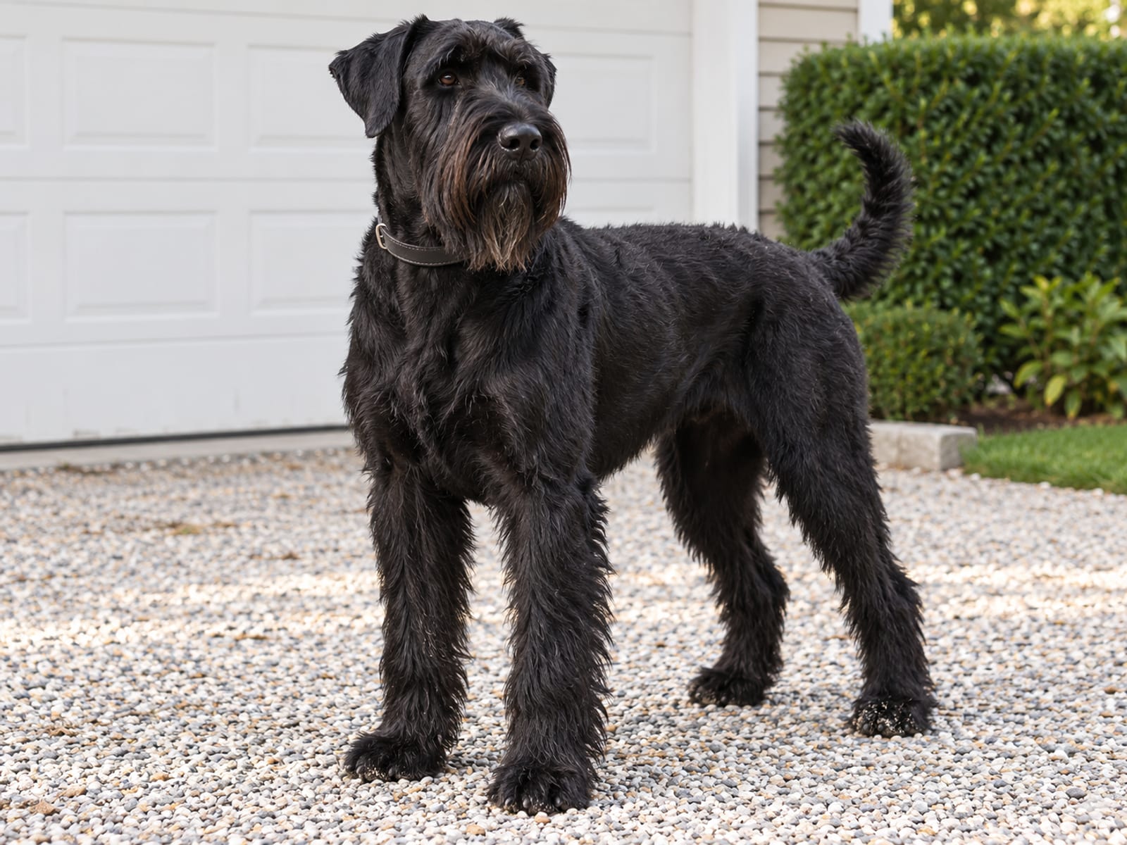 Schnauzer gigante negro con pelaje duro, barba y cejas, de pie sobre un camino de grava frente a un garaje