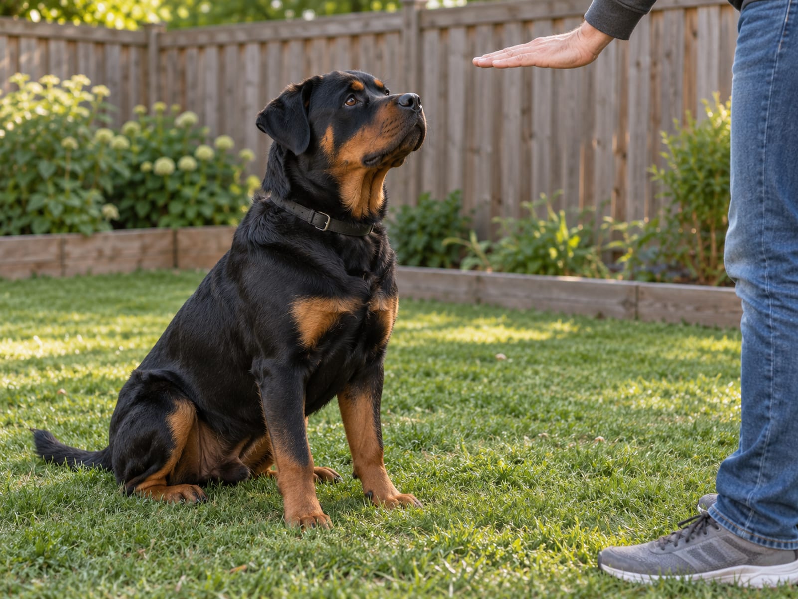 Rottweiler joven sentado con atención sobre el césped, frente a una persona vista desde la cintura hacia abajo que hace una señal con la mano