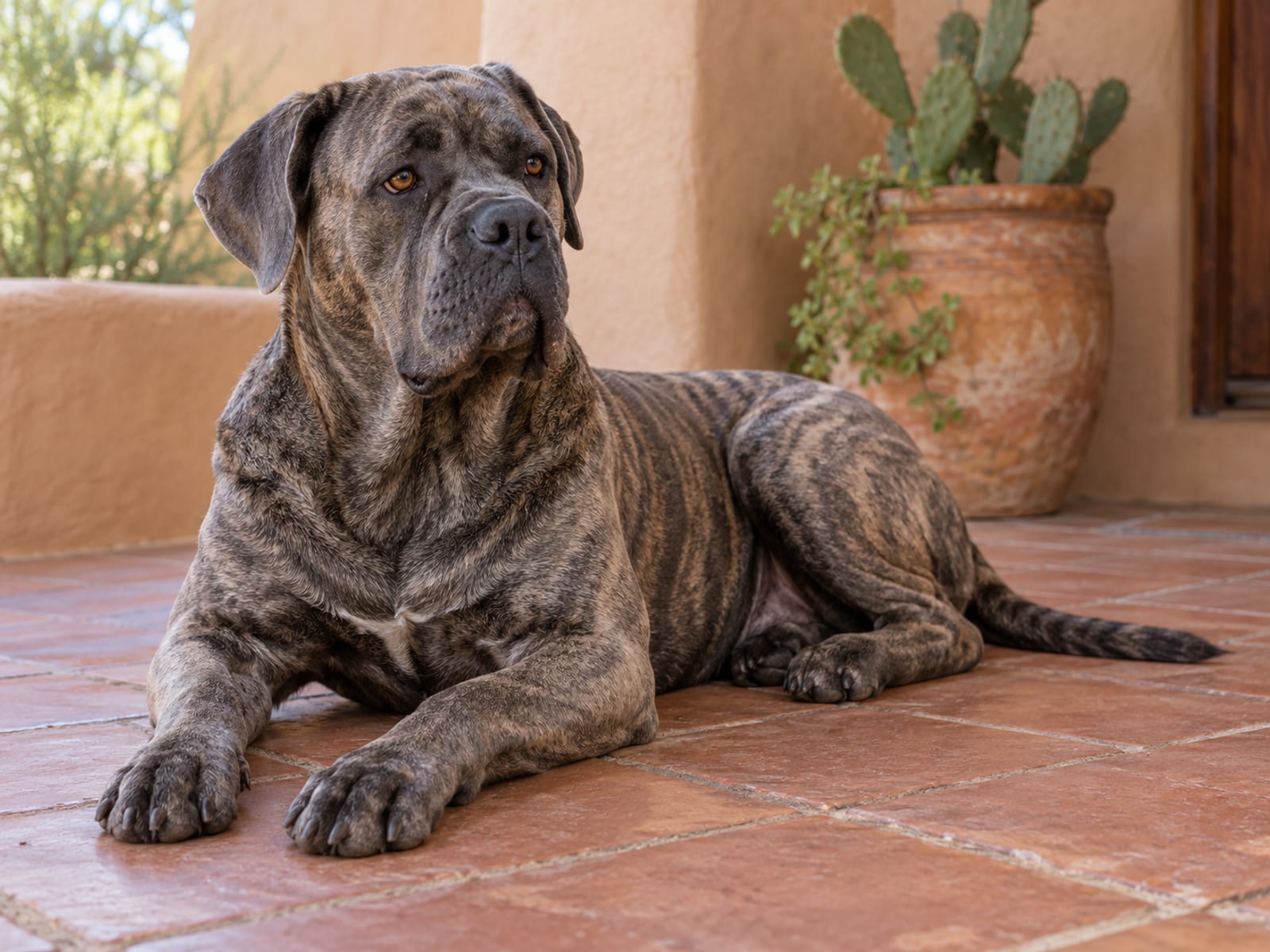 Cane Corso gris atigrado con orejas naturales tendido en un patio sombreado de una casa del suroeste