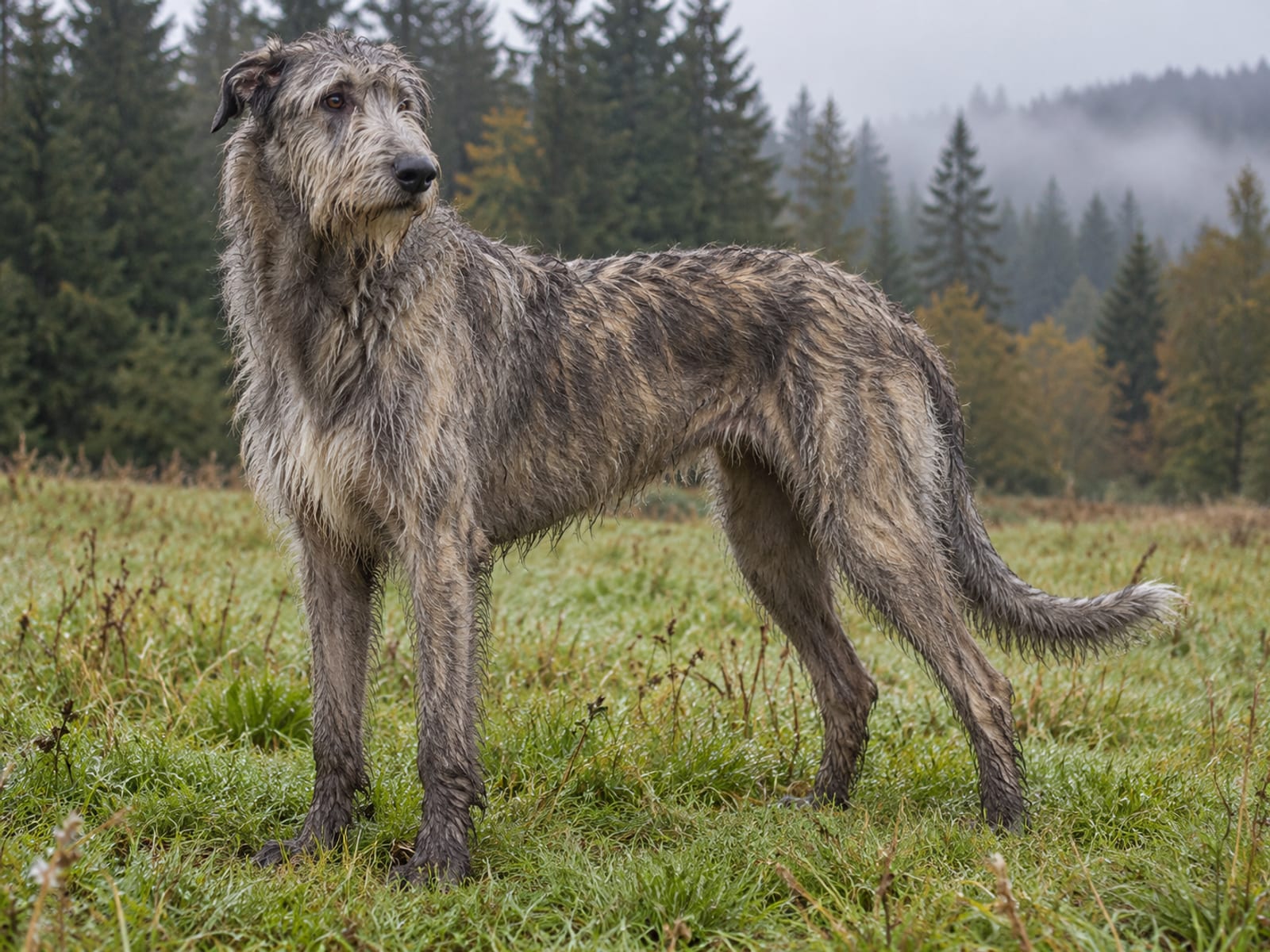 Lobero irlandés gris atigrado de pelo duro y áspero, de pie en un prado con neblina al borde de un bosque
