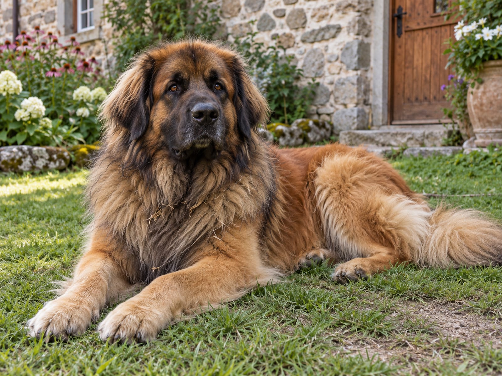 Leonberger rojo dorado con máscara negra y melena de león, tendido sobre un césped frente a una casa de campo de piedra