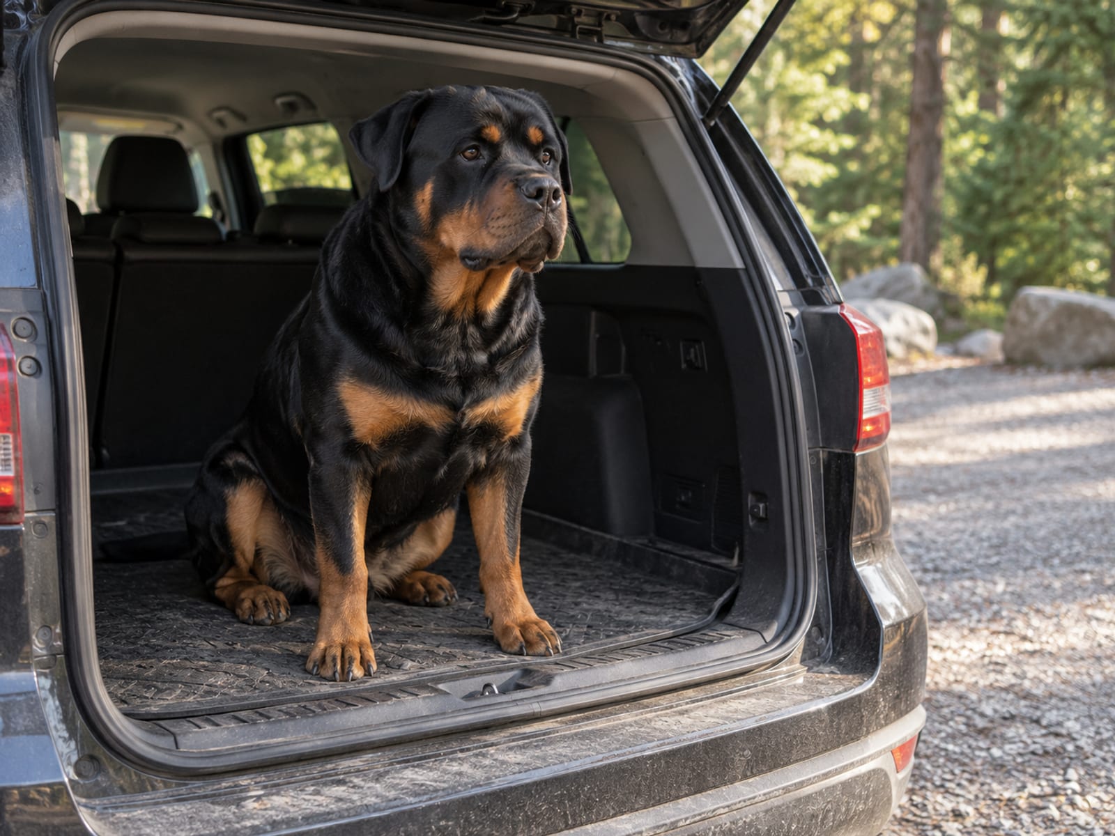 Rottweiler negro y fuego sentado en la compuerta trasera abierta de una SUV estacionada, sobre una alfombrilla ajustada para el área de carga