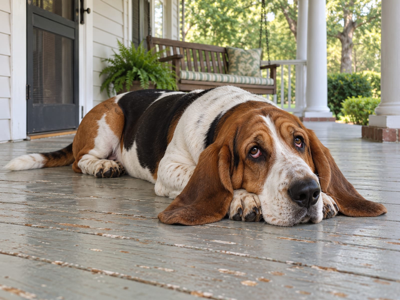 Basset hound tricolor con orejas largas y ojos caídos, echado y relajado sobre el piso fresco del porche de una casa de campo del sur