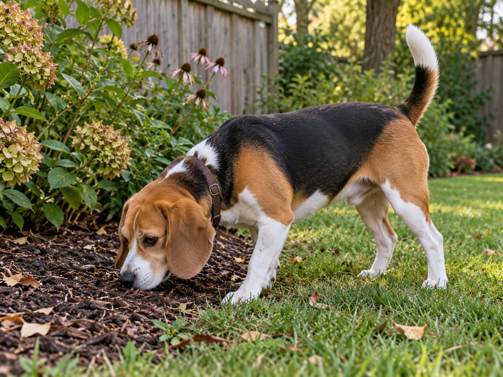 Beagle tricolor olfateando el borde de un macizo de flores en el patio trasero, con el hocico pegado al suelo y la cola levantada