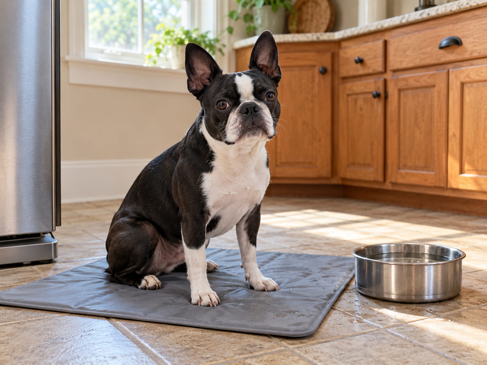 Boston terrier negro y blanco sentado en el piso de la cocina junto a un bebedero de acero inoxidable, con una alfombrilla refrescante debajo