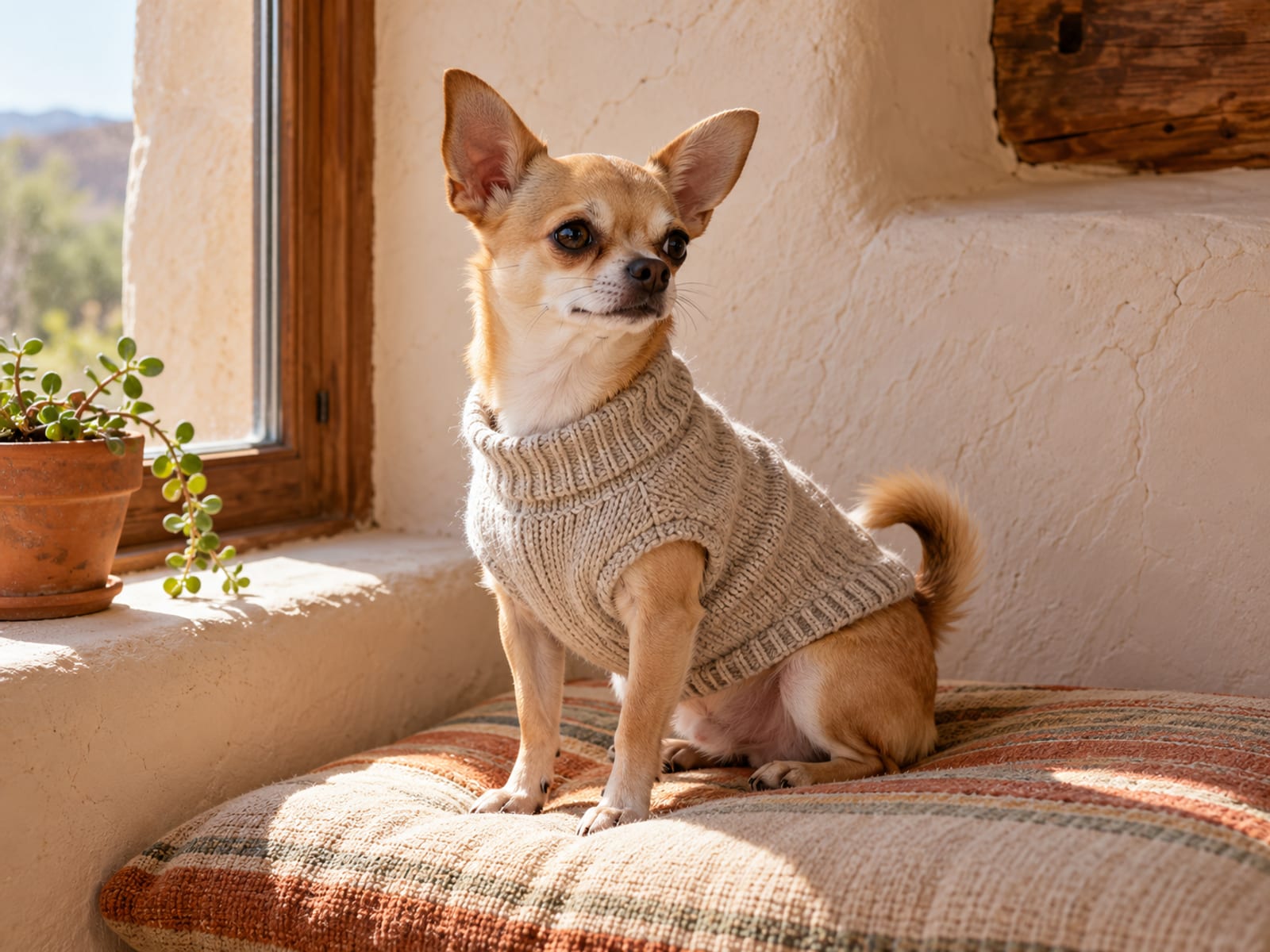 Chihuahua de pelo corto color leonado, con un suéter de punto liso y ajustado, sentado sobre un cojín en el alféizar soleado de una casa de estilo adobe