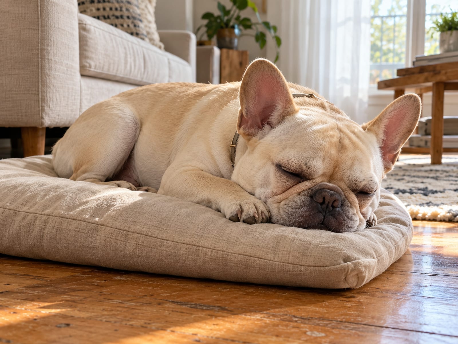 Bulldog francés color crema con orejas de murciélago, dormido sobre un cojín en un apartamento soleado, con el hocico plano apoyado sobre las patas