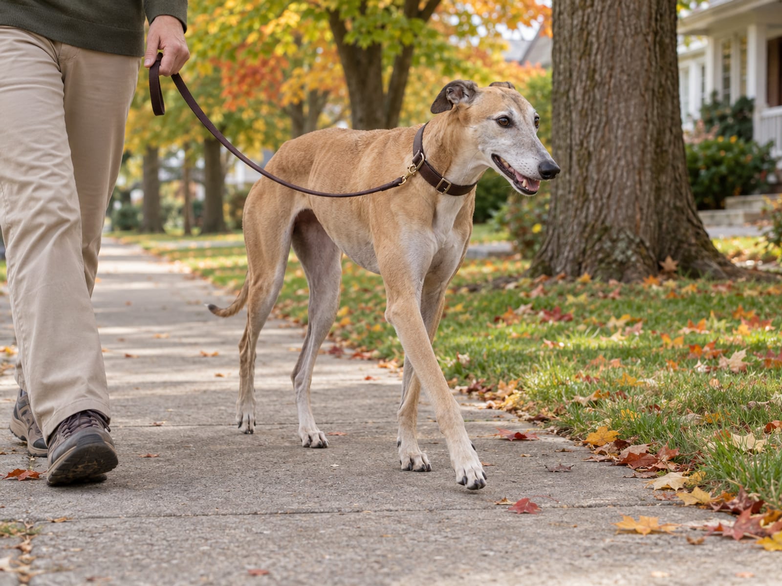 Greyhound leonado caminando con la correa suelta junto a una persona vista desde la cintura hacia abajo, en una banqueta tranquila de un suburbio bordeada de arces