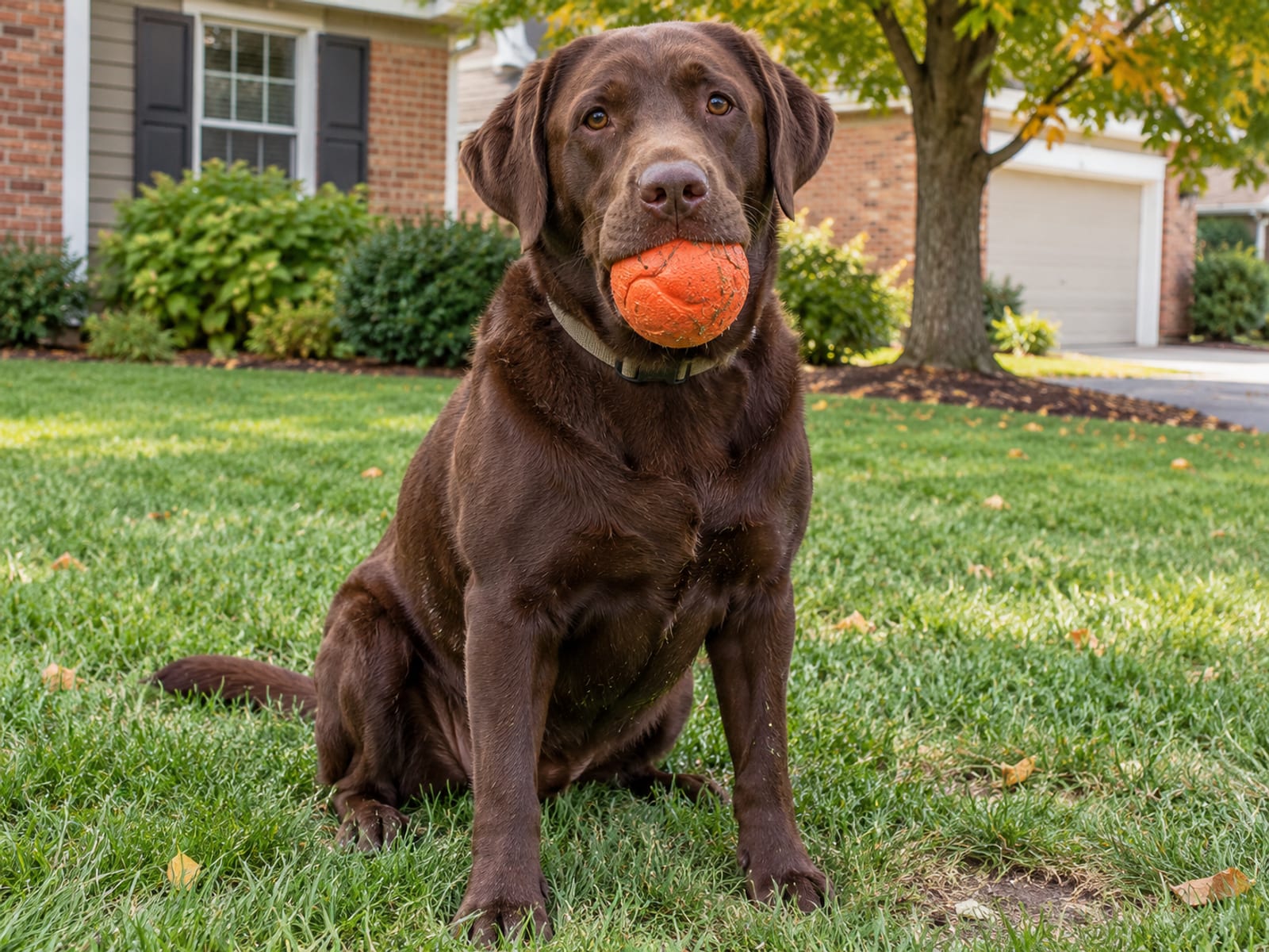 Labrador retriever color chocolate sentado sobre un césped recién cortado, con un juguete de goma en el hocico y una casa de suburbio del Medio Oeste detrás